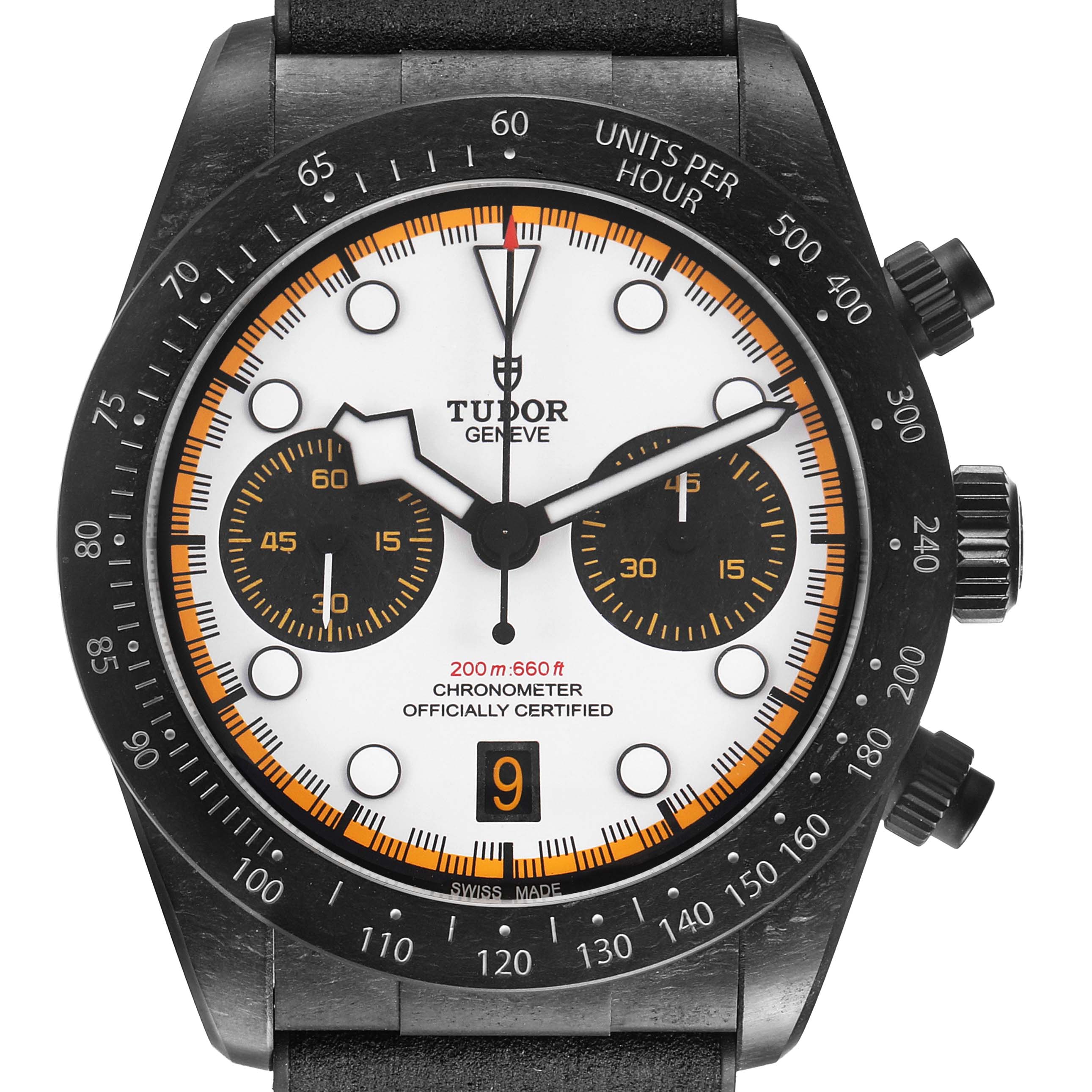 The Tudor Heritage Black Bay 79377KN Men's Titanium White Dial watch is shown from the front, highlighting its dial, bezel, subdials, and crown.