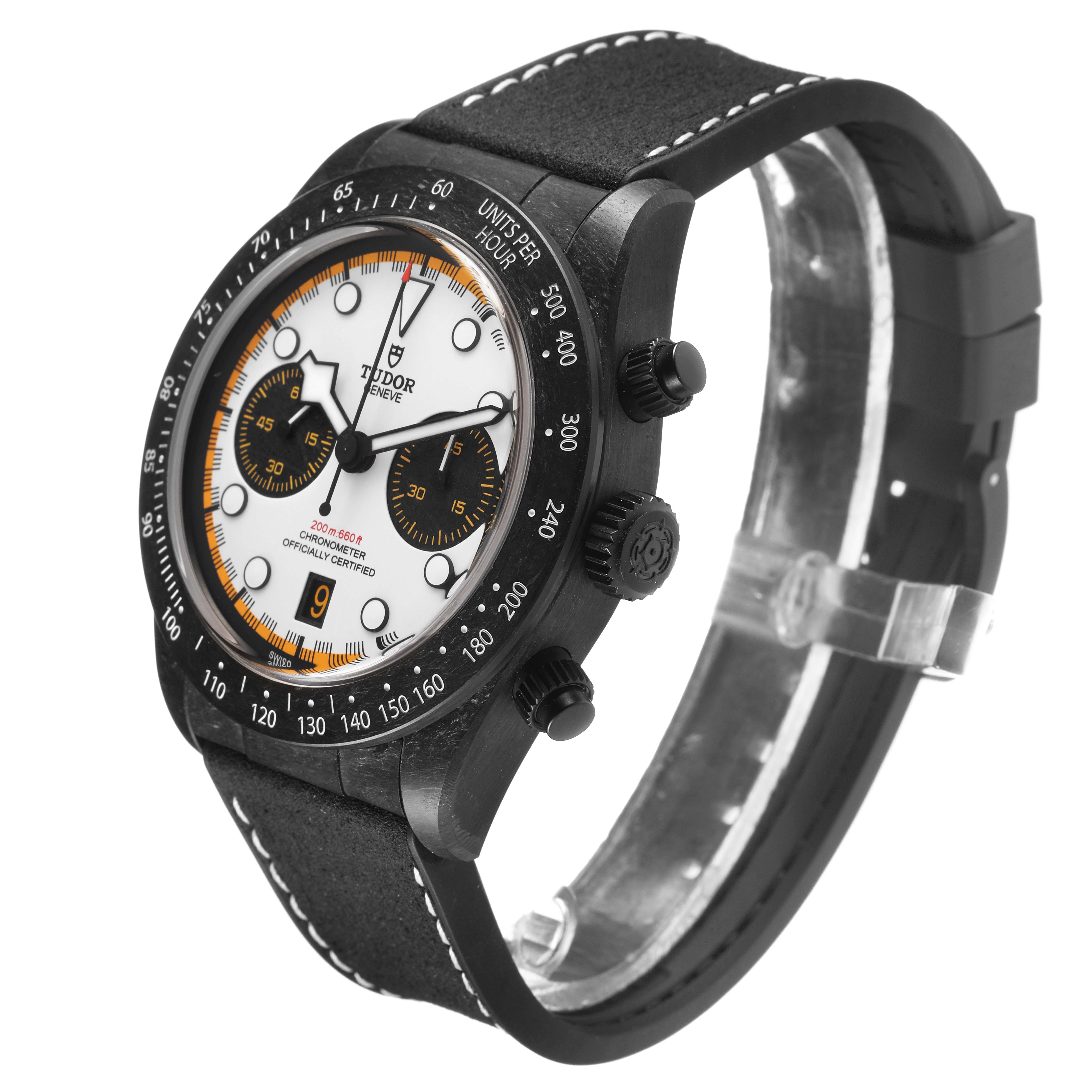 The image shows a side and front view of the Tudor Heritage Black Bay 79377KN Men's Titanium White Dial watch, highlighting its dial, case, and strap.