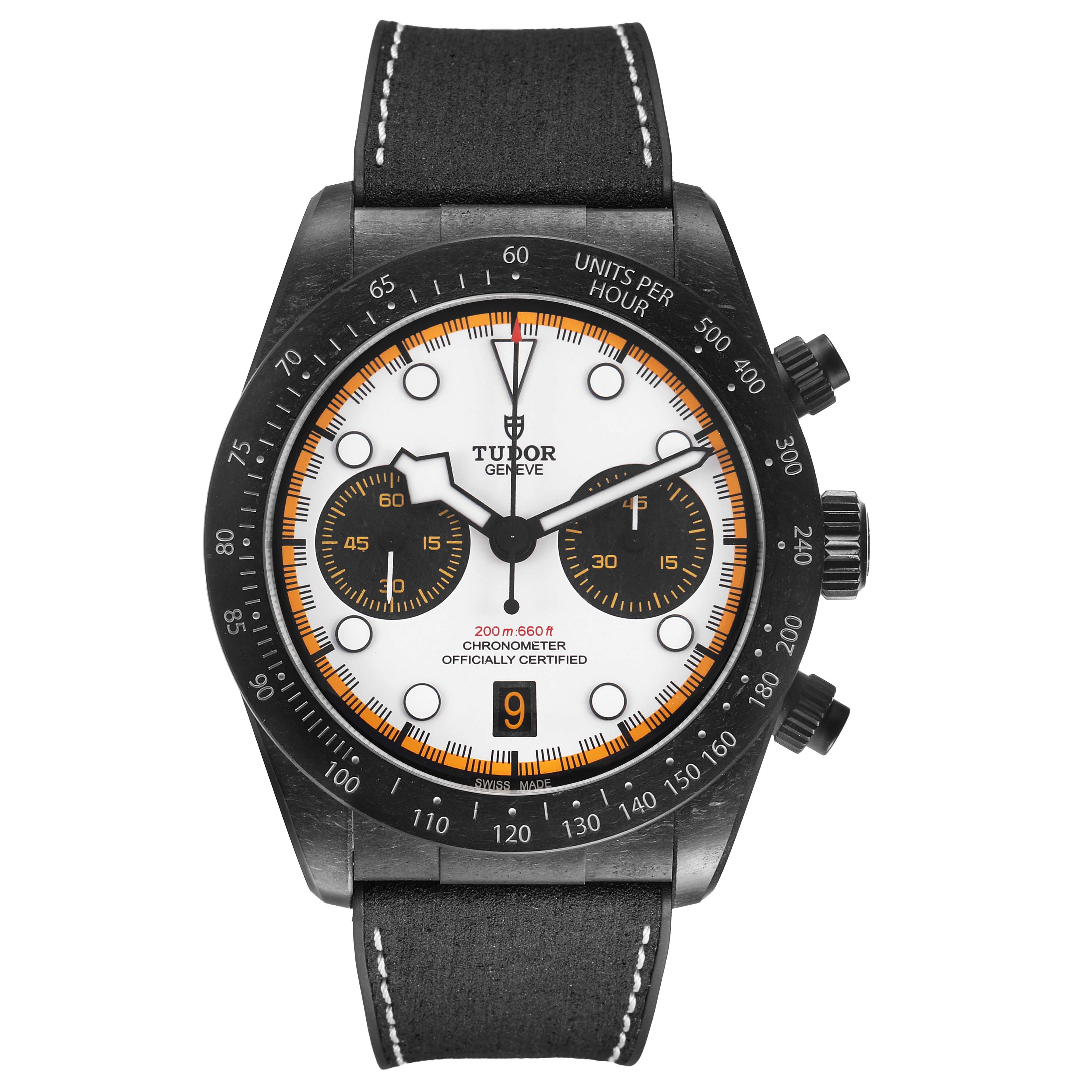 The Tudor Heritage Black Bay 79377KN Men's Titanium White Dial watch is shown from a front angle, highlighting its dial, bezel, and strap.