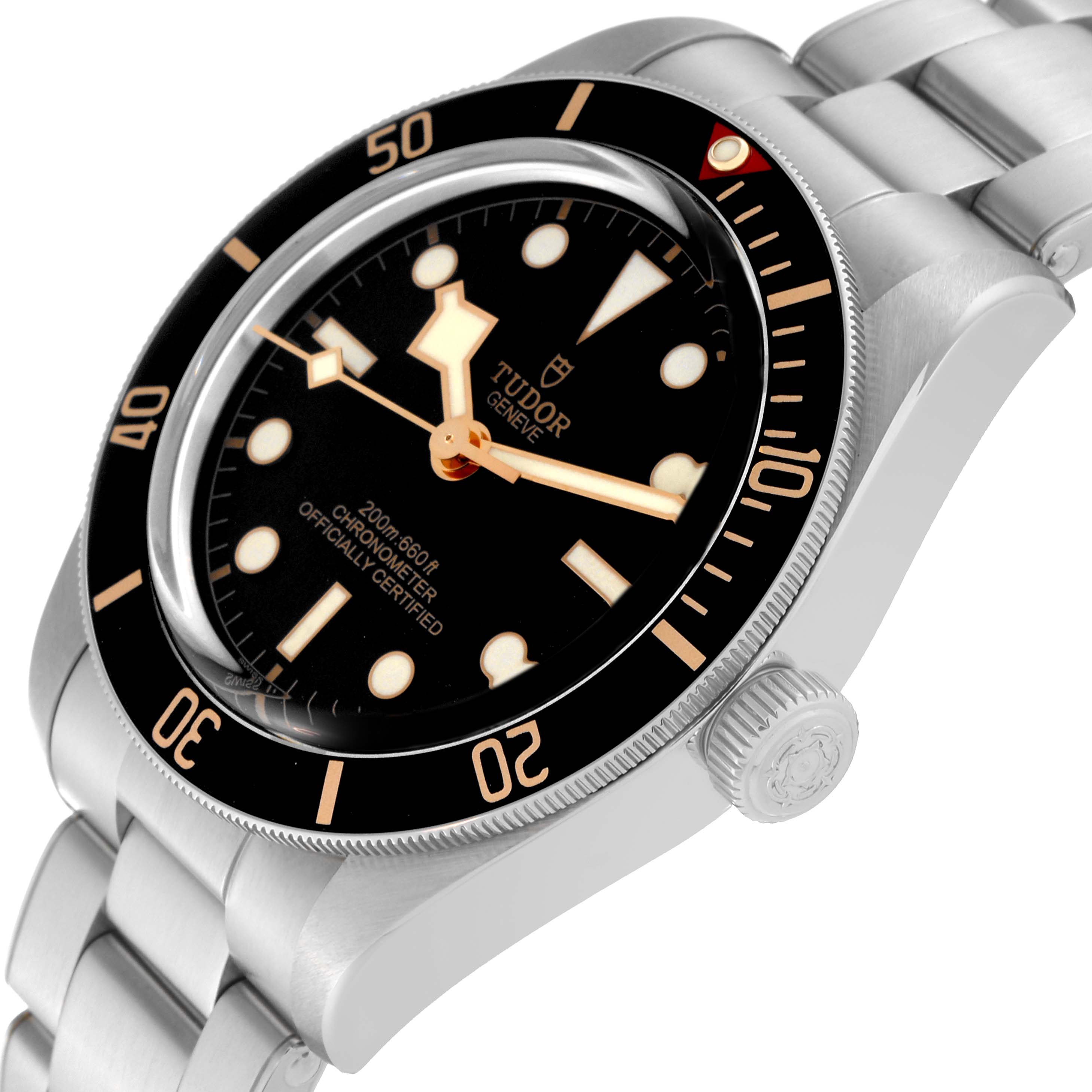 The image shows a close-up side angle of the Tudor Heritage Black Bay 79030N Men's Stainless Steel Black Dial 79030N Men's Stainless Steel Black Dial watch, highlighting its dial, bezel, and crown.