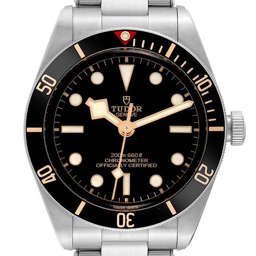 This image shows the front view of the Tudor Heritage Black Bay watch, highlighting its dial, bezel, and part of the bracelet.