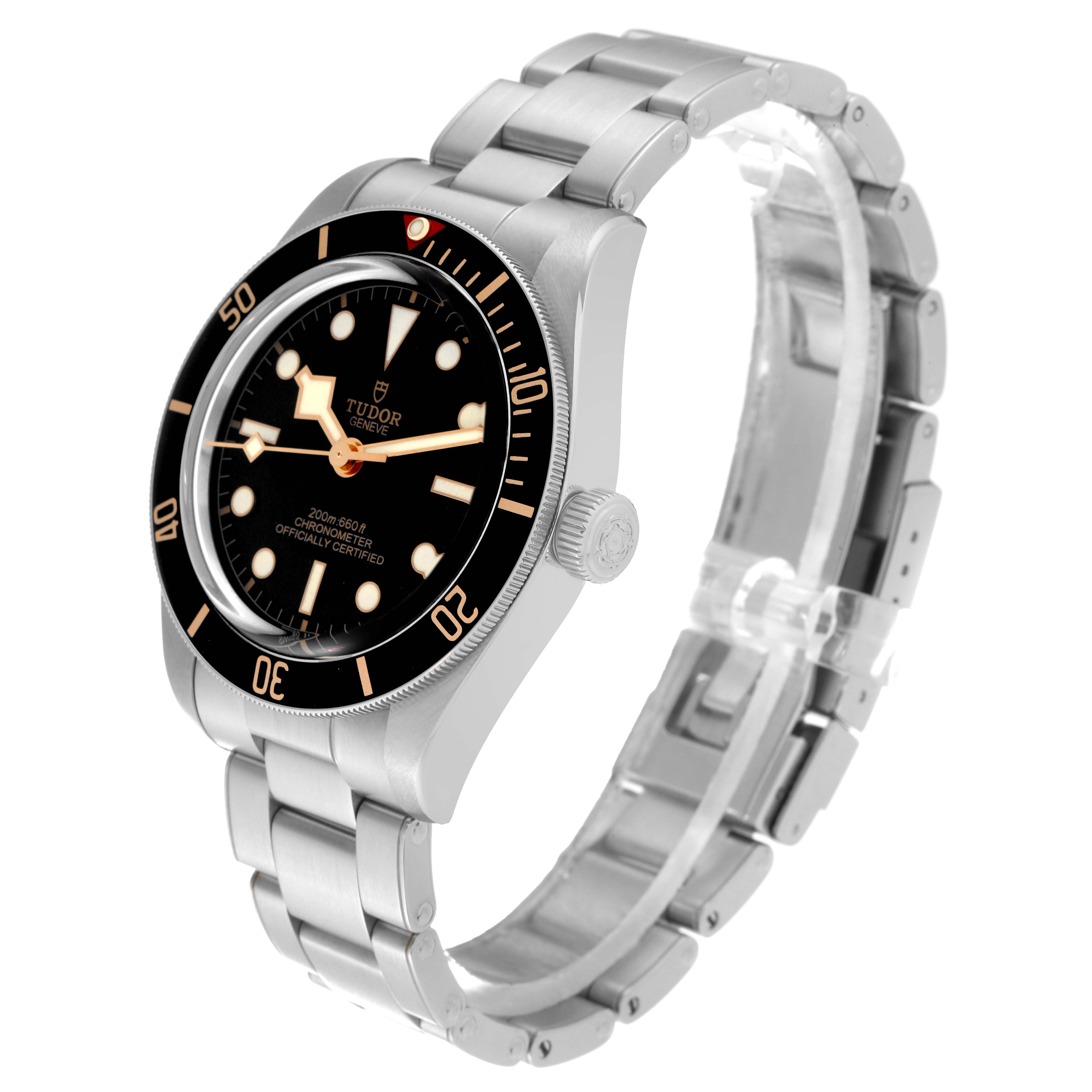 The Tudor Heritage Black Bay 79030N Men's Stainless Steel Black Dial 79030N Men's Stainless Steel Black Dial watch is shown at an angled side view, displaying the case, bezel, dial, bracelet, and crown.