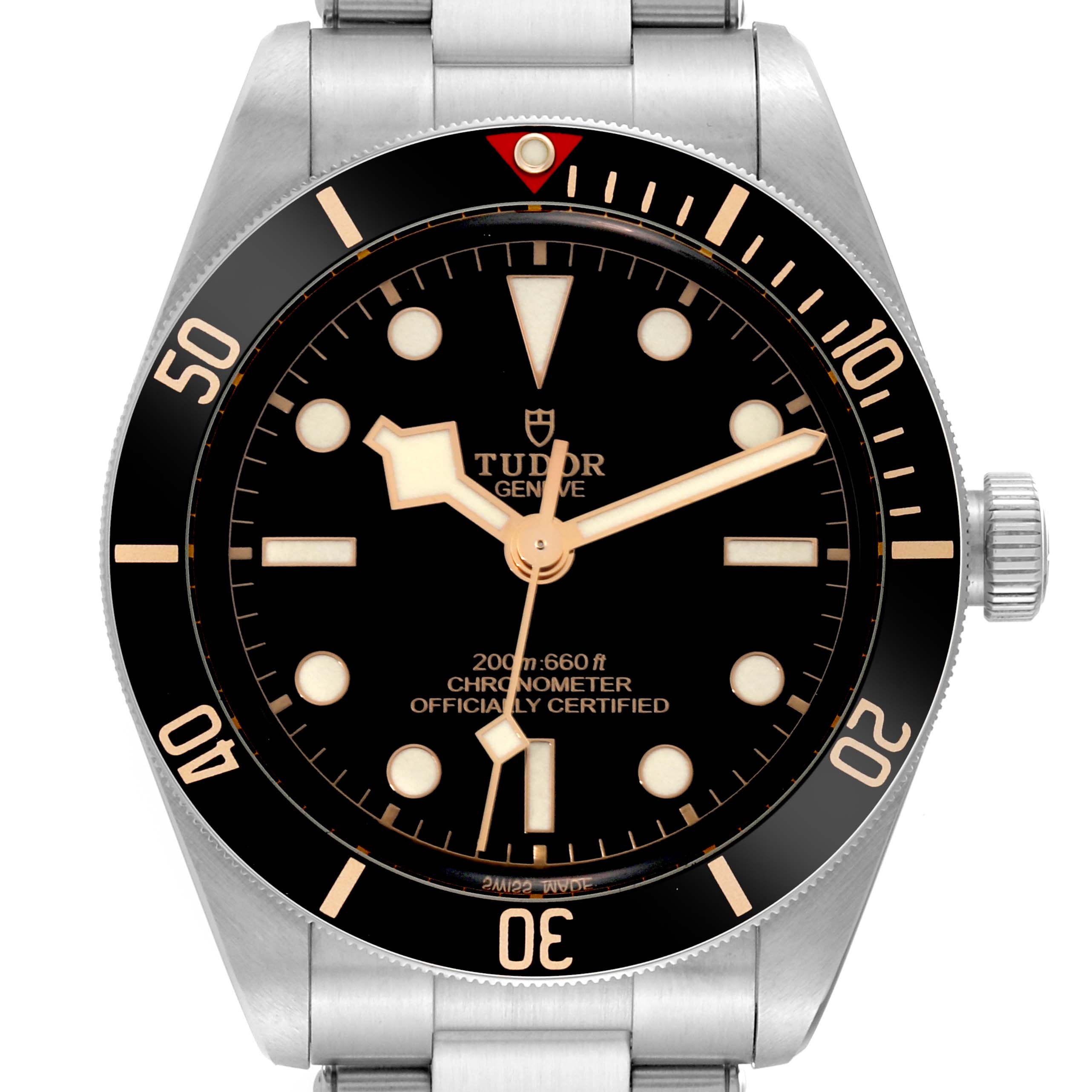 The image shows a front view of the Tudor Heritage Black Bay 79030N Men's Stainless Steel Black Dial 79030N Men's Stainless Steel Black Dial watch, highlighting its dial, bezel, and crown.