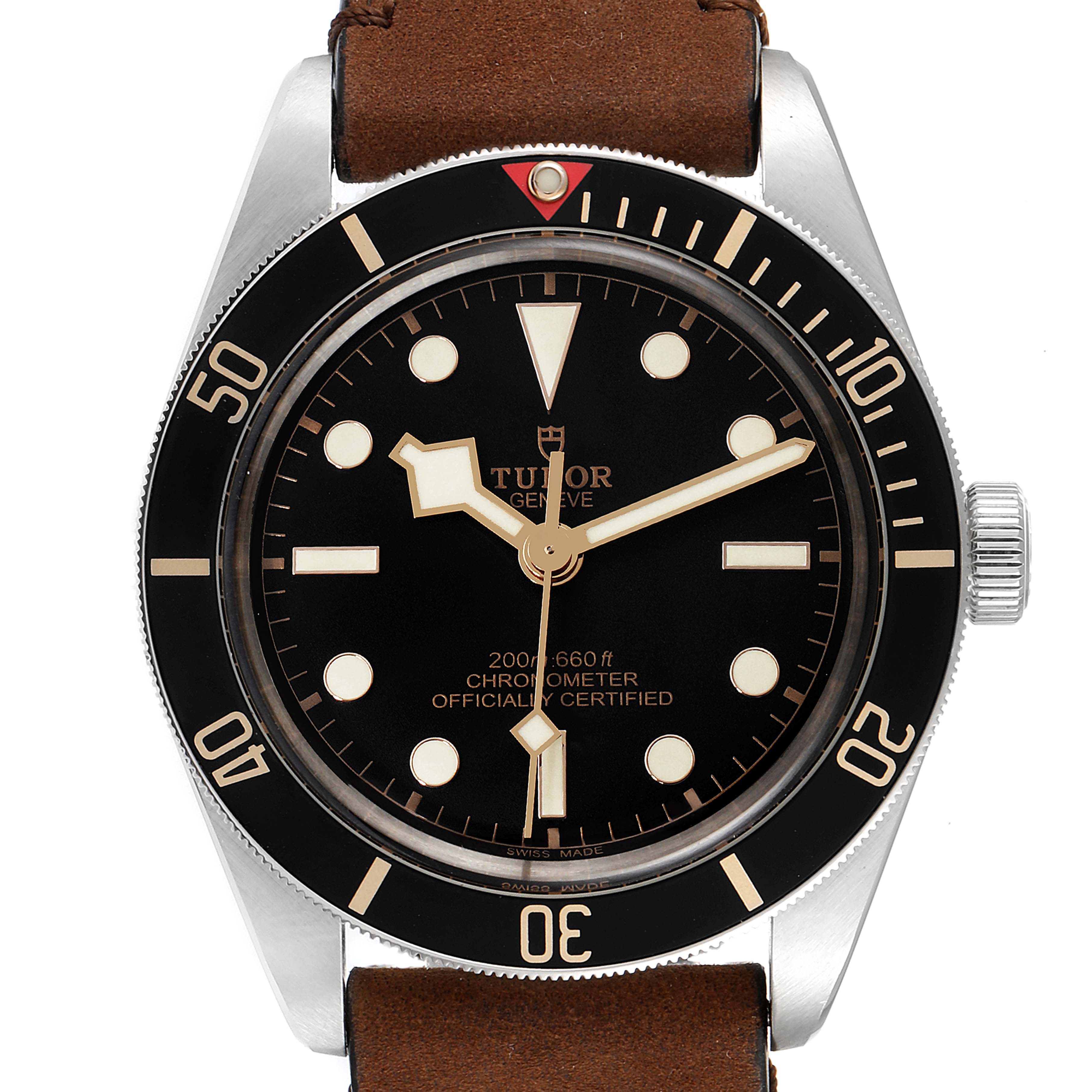 Front view of the Tudor Heritage Black Bay 79030N Men's Stainless Steel Black Dial 79030N Men's Stainless Steel Black Dial watch showing the dial, bezel, and leather strap.