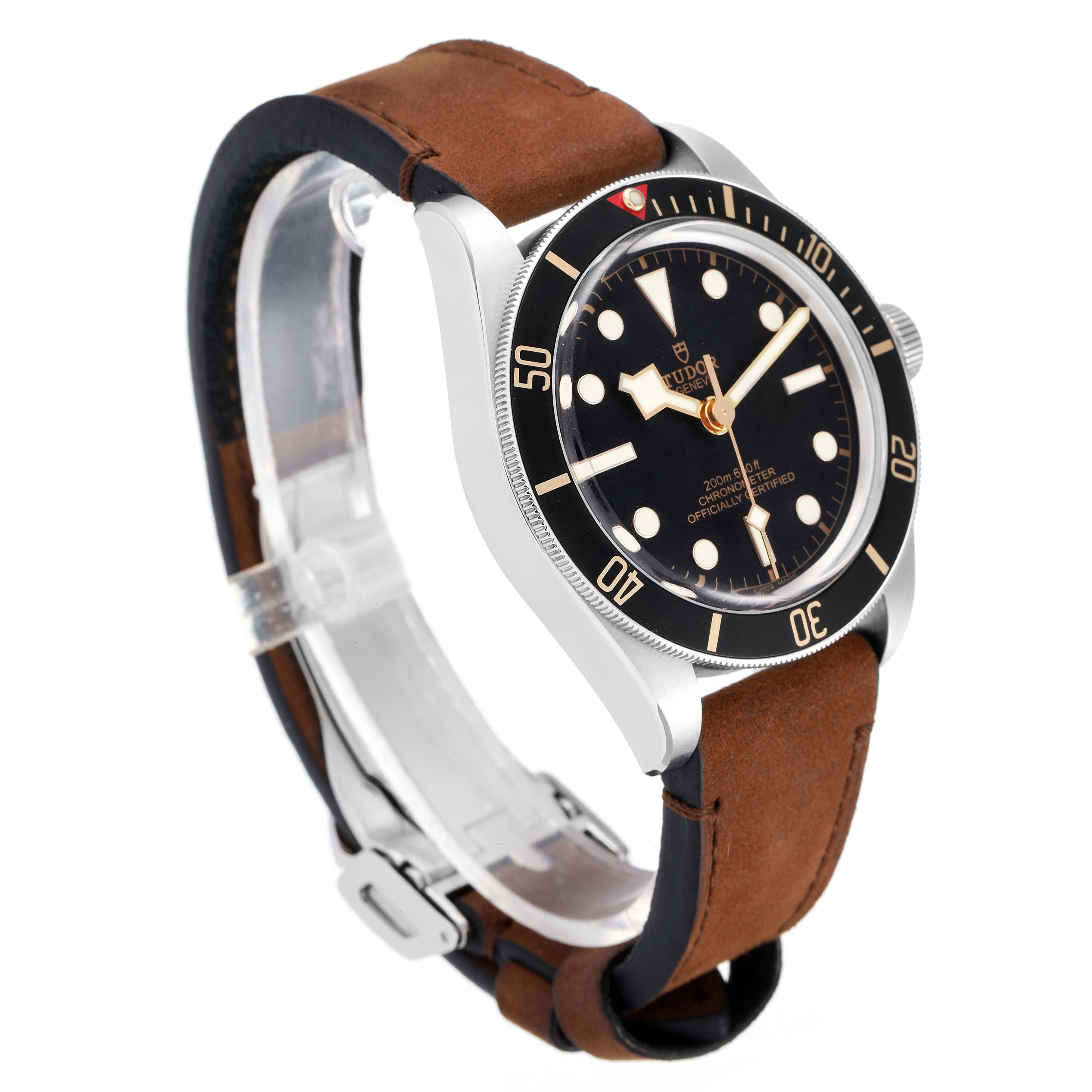 The image shows the Tudor Heritage Black Bay 79030N Men's Stainless Steel Black Dial 79030N Men's Stainless Steel Black Dial watch from an angled side view, highlighting its dial, casing, bezel, and leather strap.