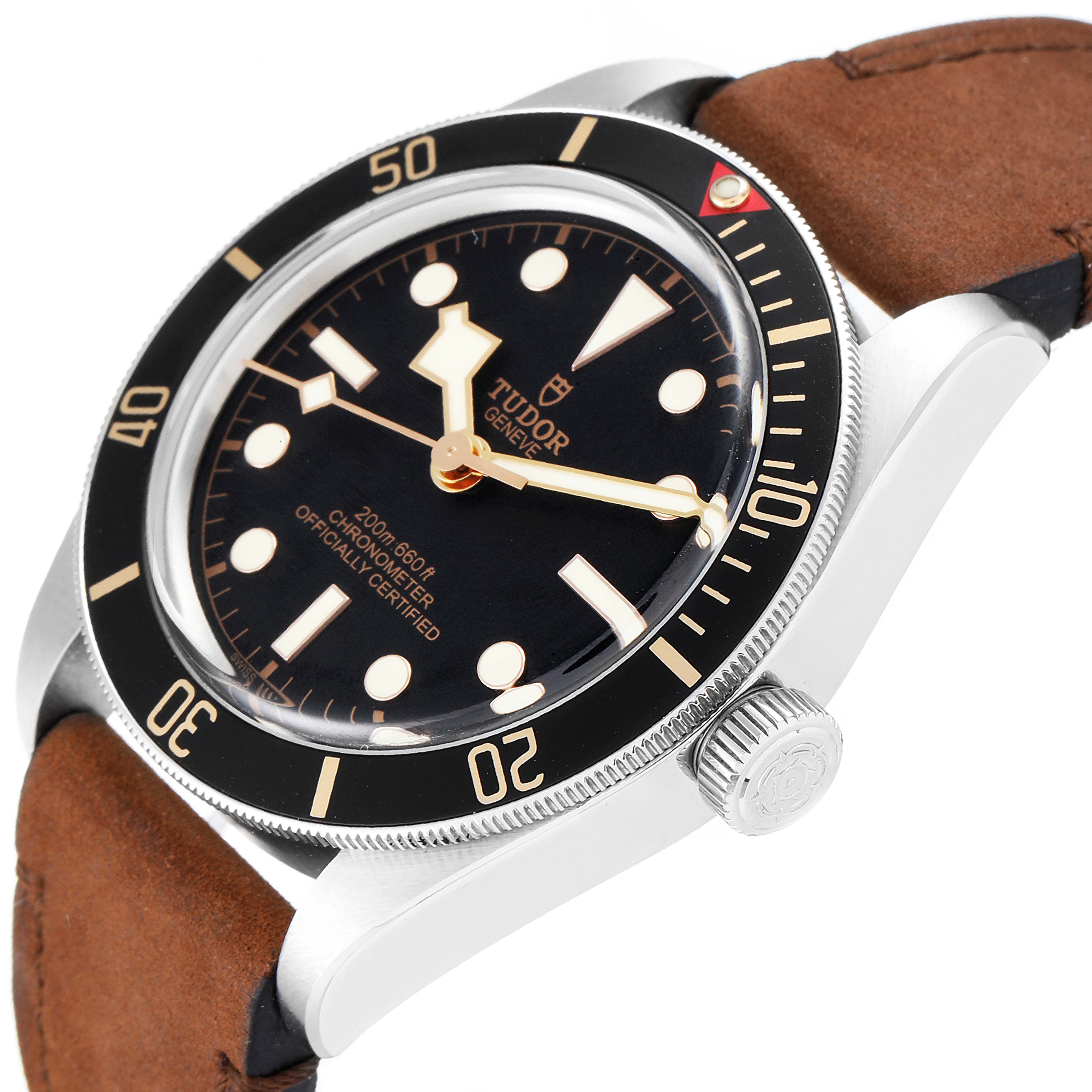 The image shows the Tudor Heritage Black Bay 79030N Men's Stainless Steel Black Dial 79030N Men's Stainless Steel Black Dial watch at an angle highlighting the bezel, crown, dial, and part of the strap.