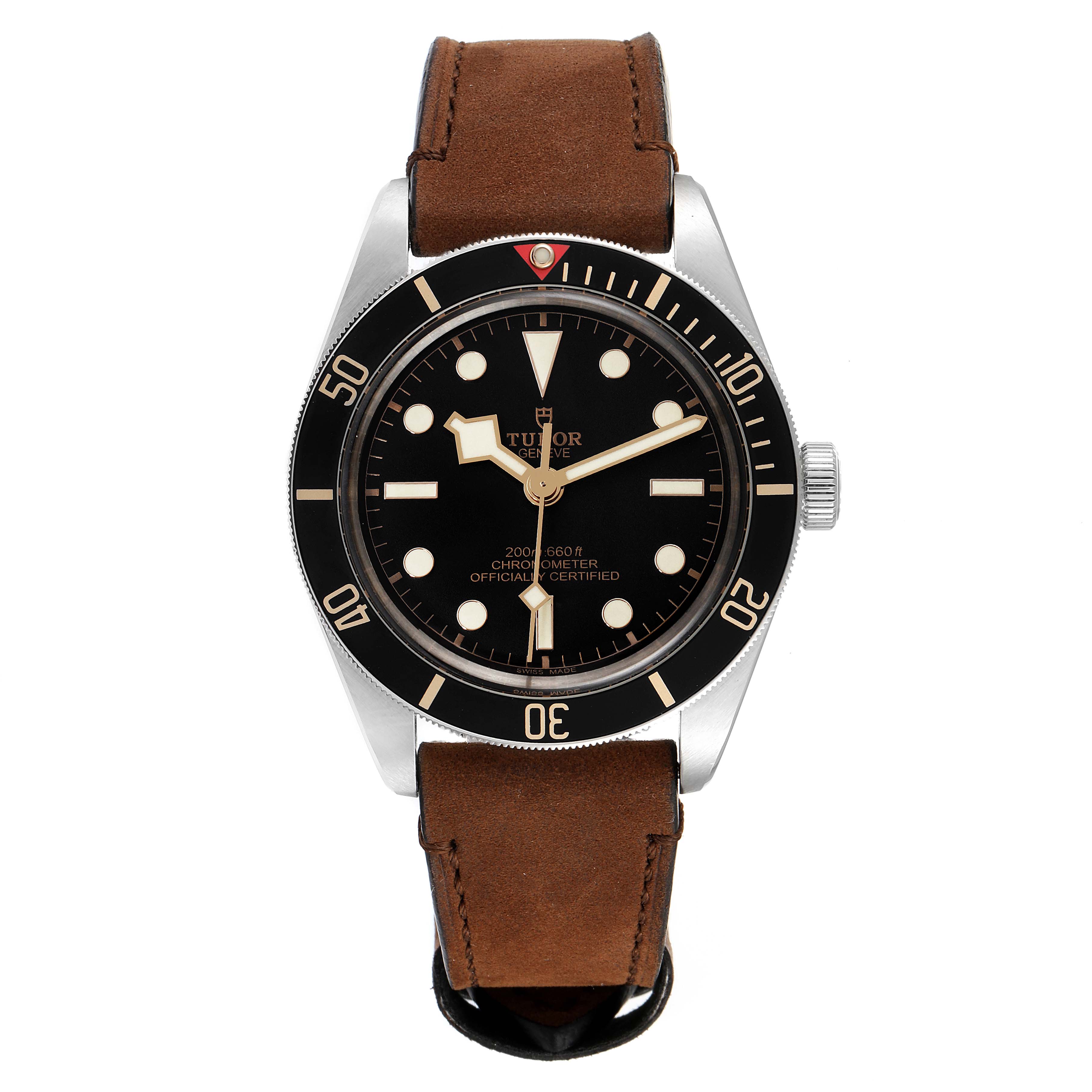The image shows a front view of the Tudor Heritage Black Bay 79030N Men's Stainless Steel Black Dial 79030N Men's Stainless Steel Black Dial watch with a brown leather strap.
