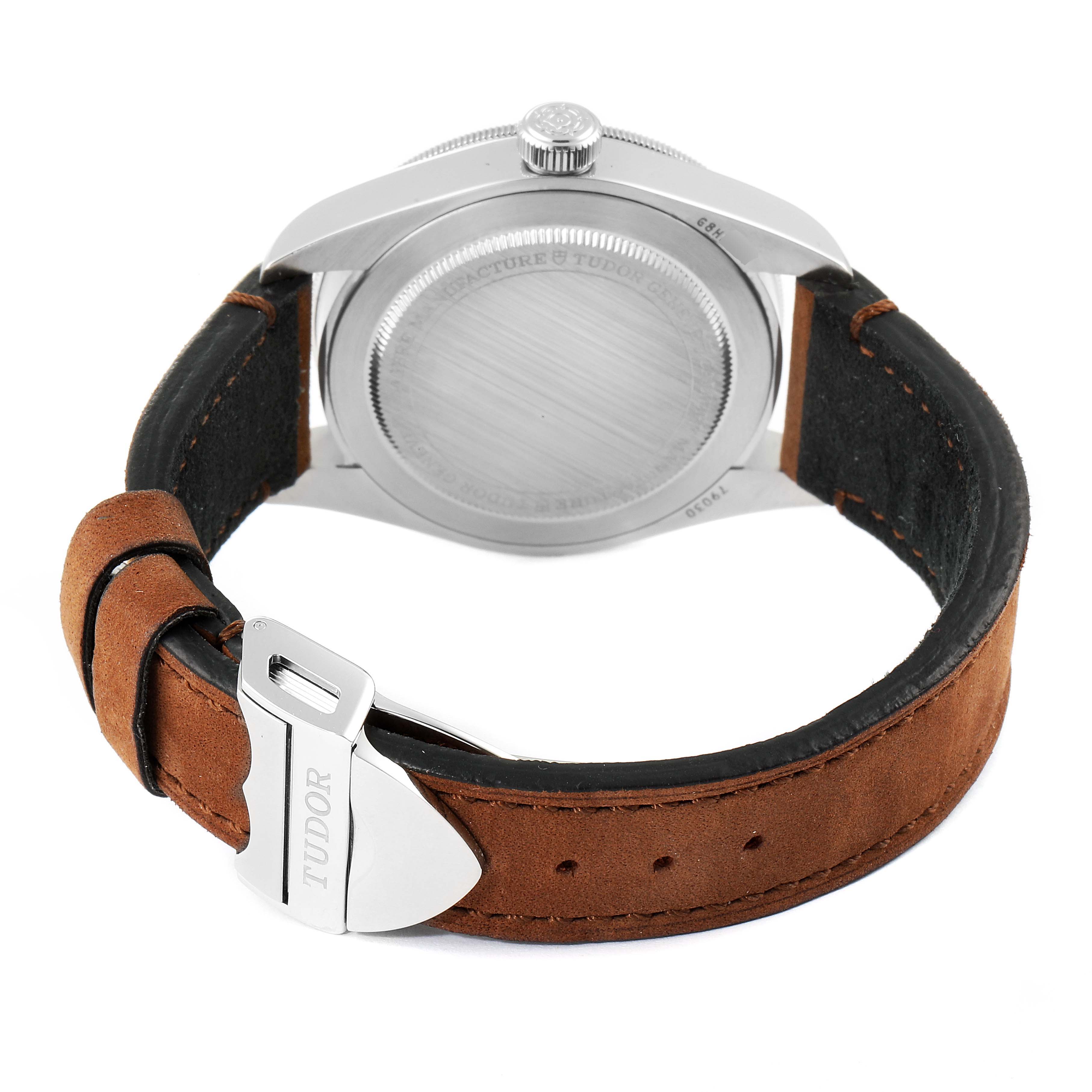 The image shows the back case and brown leather strap of the Tudor Heritage Black Bay 79030N Men's Stainless Steel Black Dial 79030N Men's Stainless Steel Black Dial watch from a rear angle.