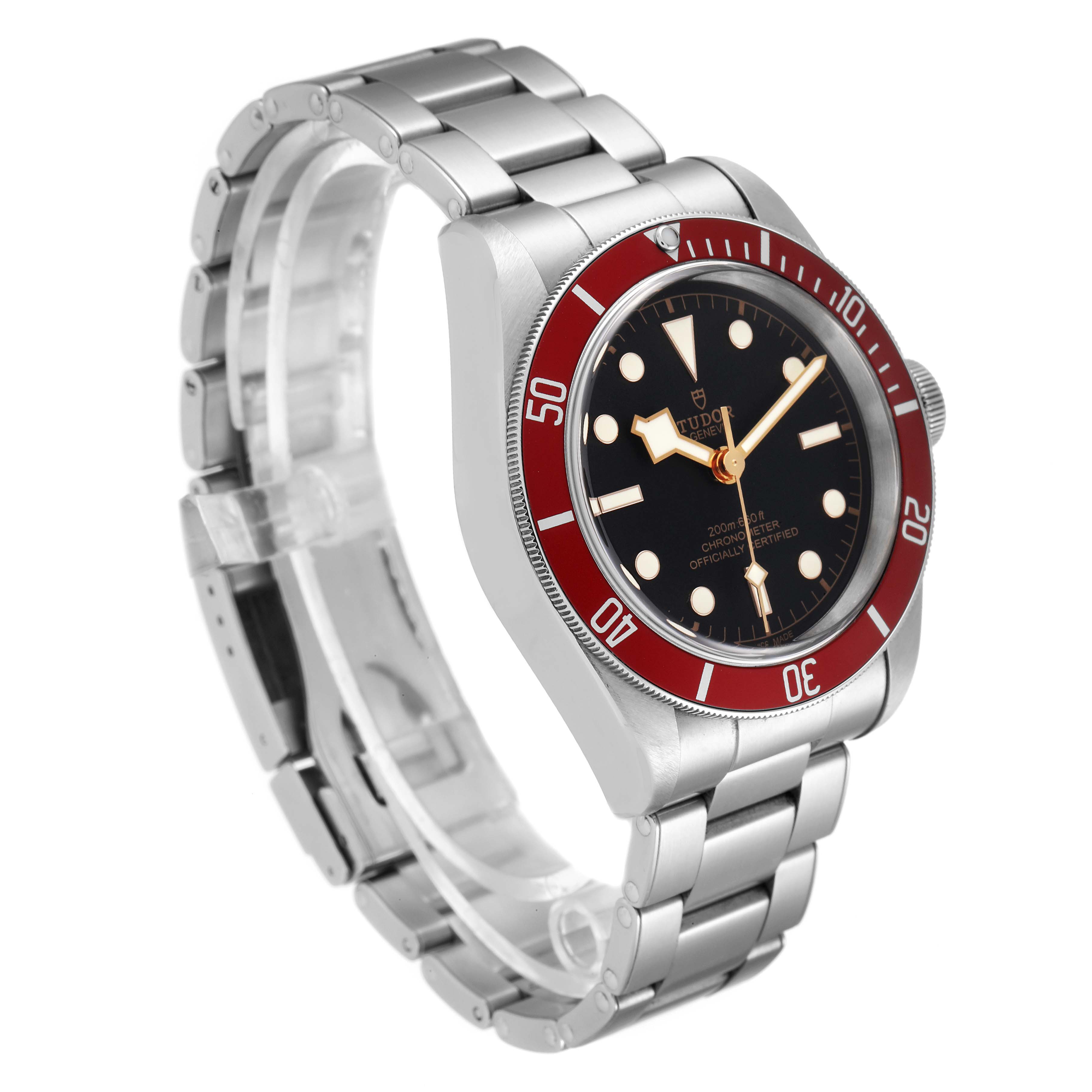 The Tudor Heritage Black Bay 79230R Men
s Stainless Steel Black Dial 79230R Men
s Stainless Steel Black Dial watch is shown at an angled view, highlighting its dial, bezel, case, and bracelet.