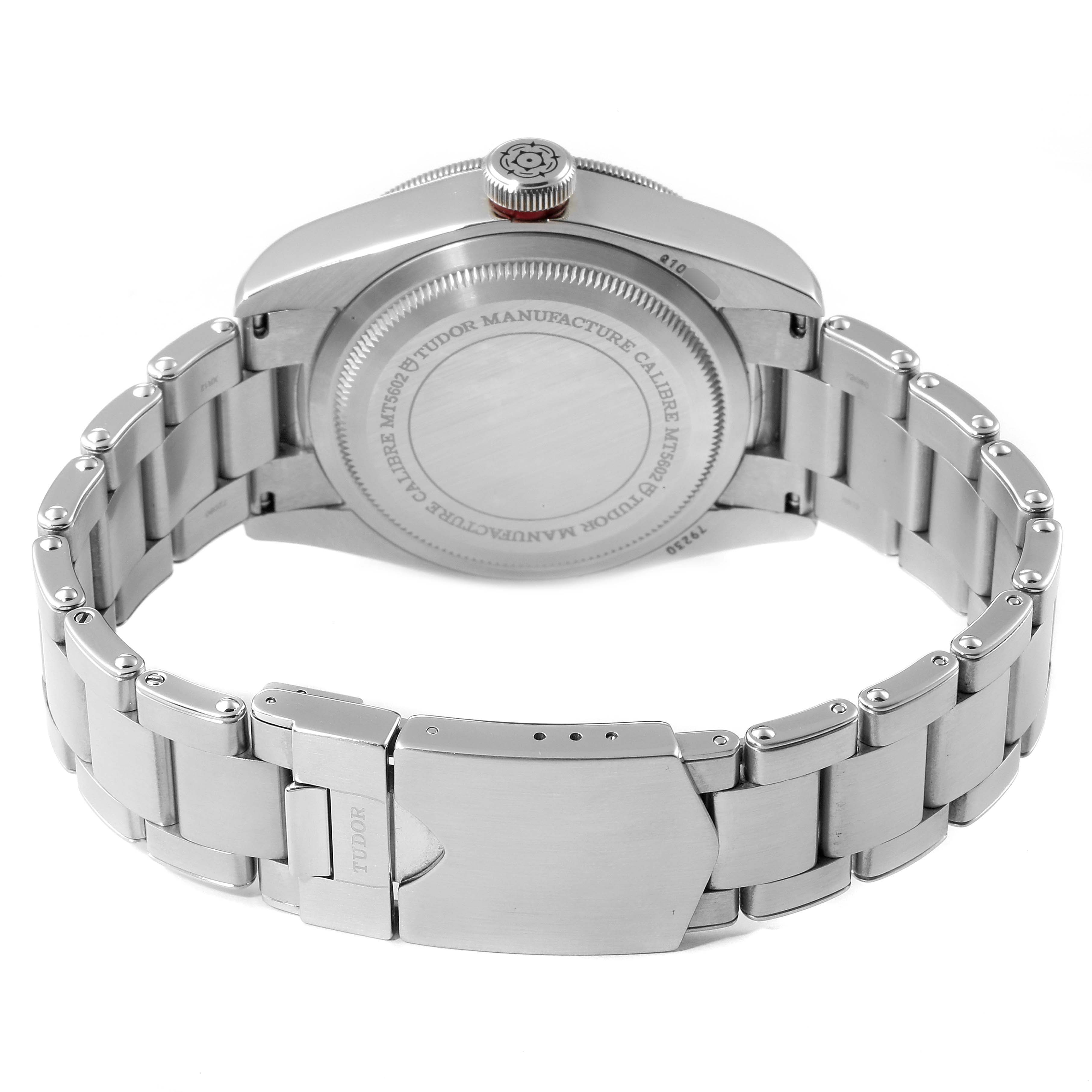 This image shows the back view of a Tudor Heritage Black Bay 79230R Men
s Stainless Steel Black Dial 79230R Men
s Stainless Steel Black Dial watch, including the case back, bracelet, and clasp.