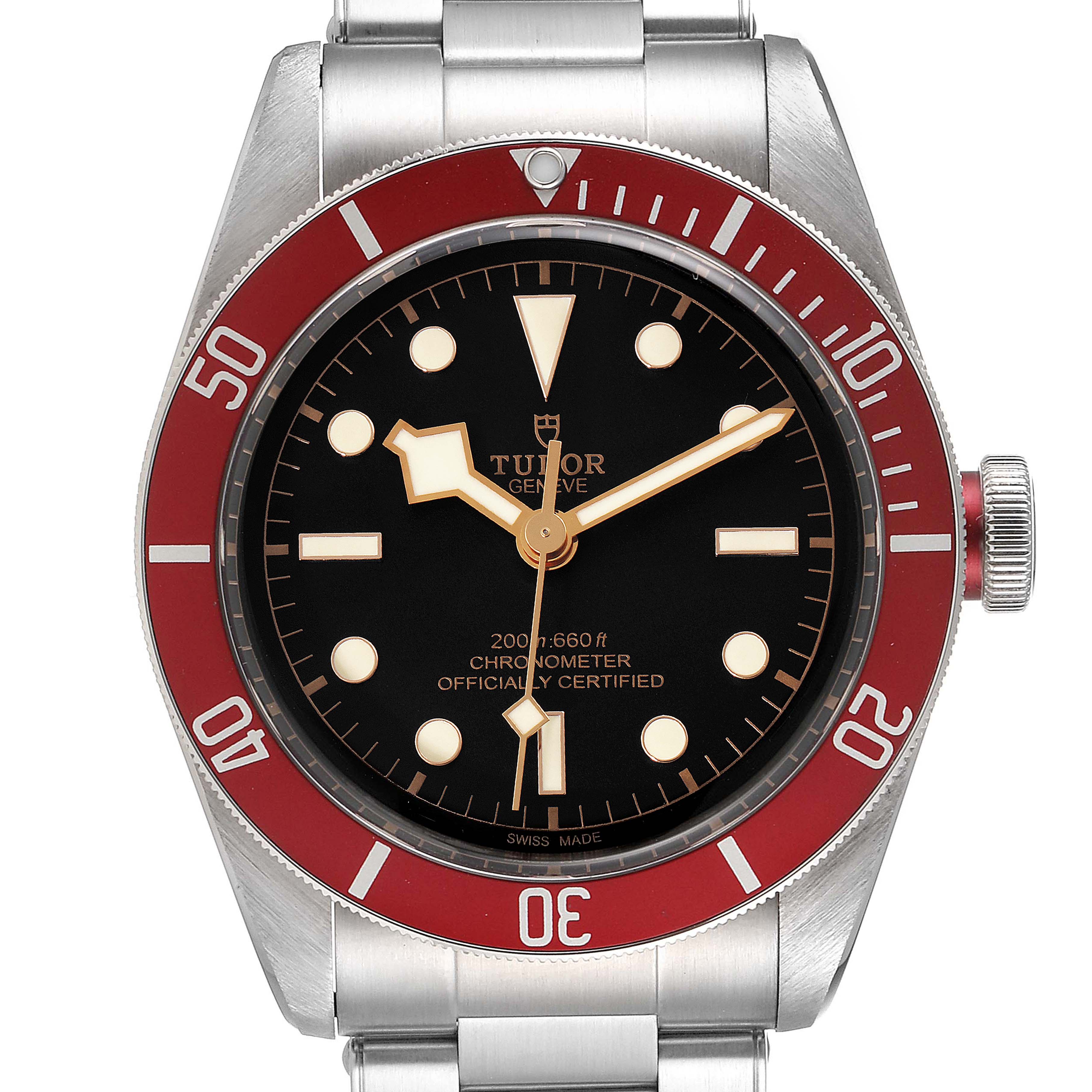 The Tudor Heritage Black Bay 79230R Men
s Stainless Steel Black Dial 79230R Men
s Stainless Steel Black Dial watch is shown from a front angle, highlighting its black dial, red bezel, and stainless steel bracelet.