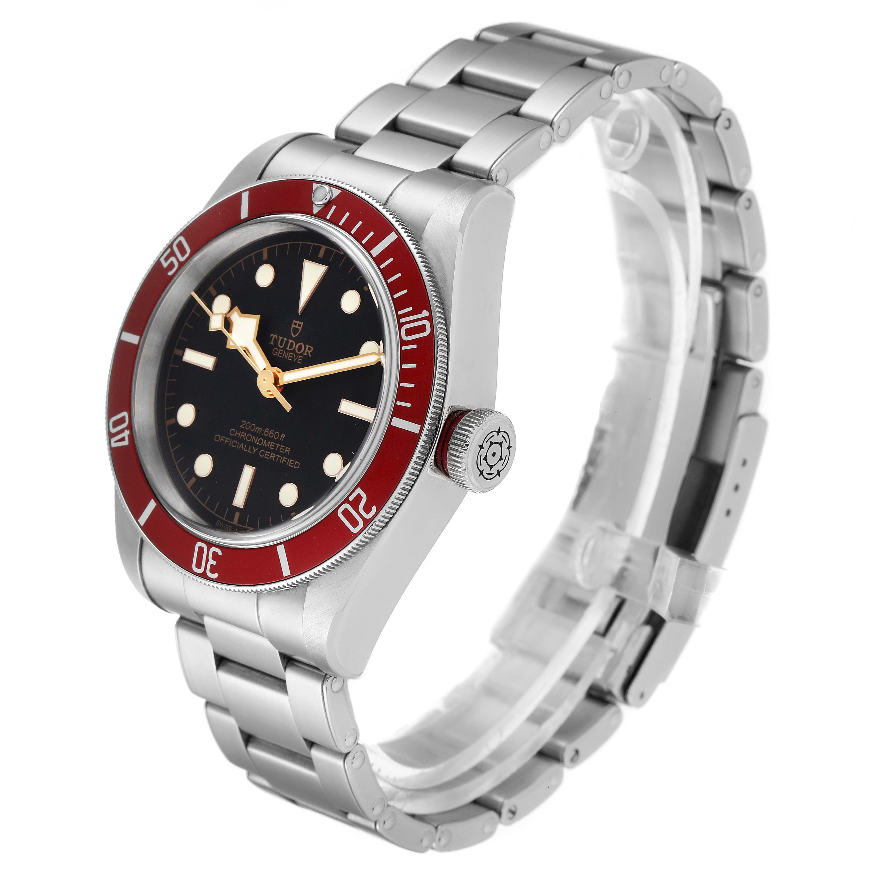 The image shows a Tudor Heritage Black Bay 79230R Men
s Stainless Steel Black Dial 79230R Men
s Stainless Steel Black Dial watch at a right side angle highlighting the bezel, crown, dial, and bracelet.