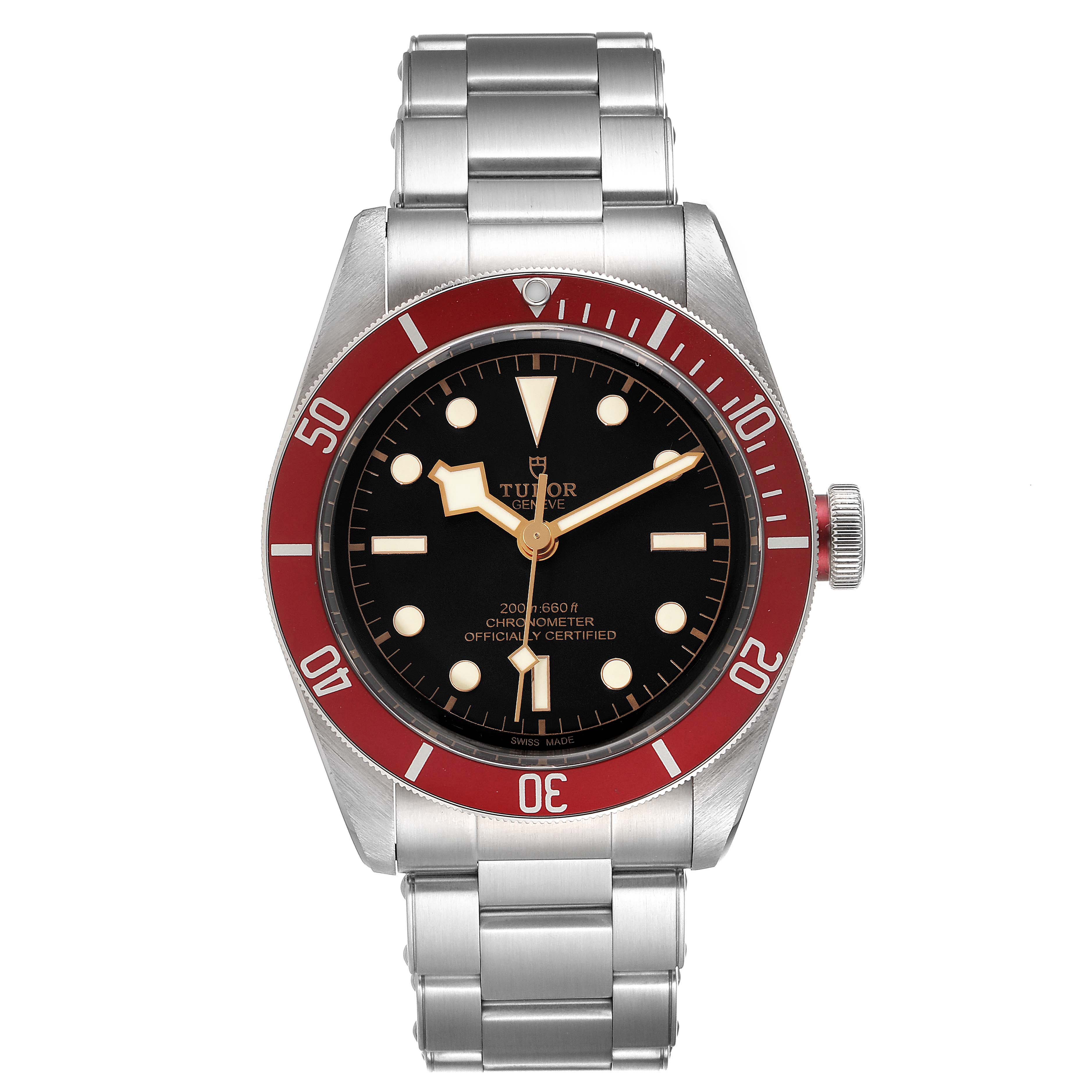 The image shows a front view of the Tudor Heritage Black Bay 79230R Men
s Stainless Steel Black Dial 79230R Men
s Stainless Steel Black Dial watch, highlighting the dial, bezel, bracelet, and crown.