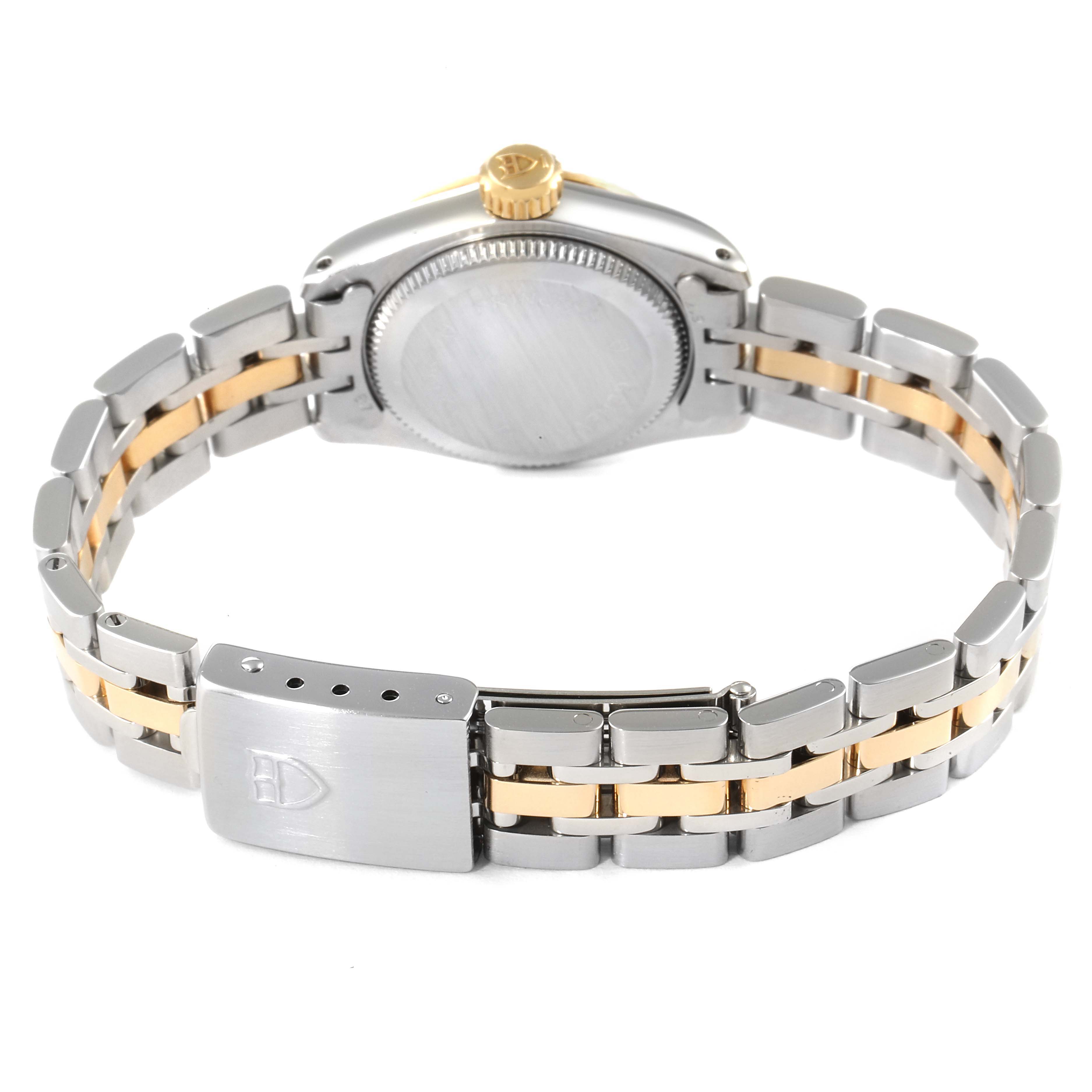 The image shows the back of the Tudor Princess 92513 Women's Steel and Gold (two tone) Silver Dial 92513 Women's Steel and Gold (two tone) Silver Dial watch, highlighting the case back, crown, and two-tone bracelet with a clasp.