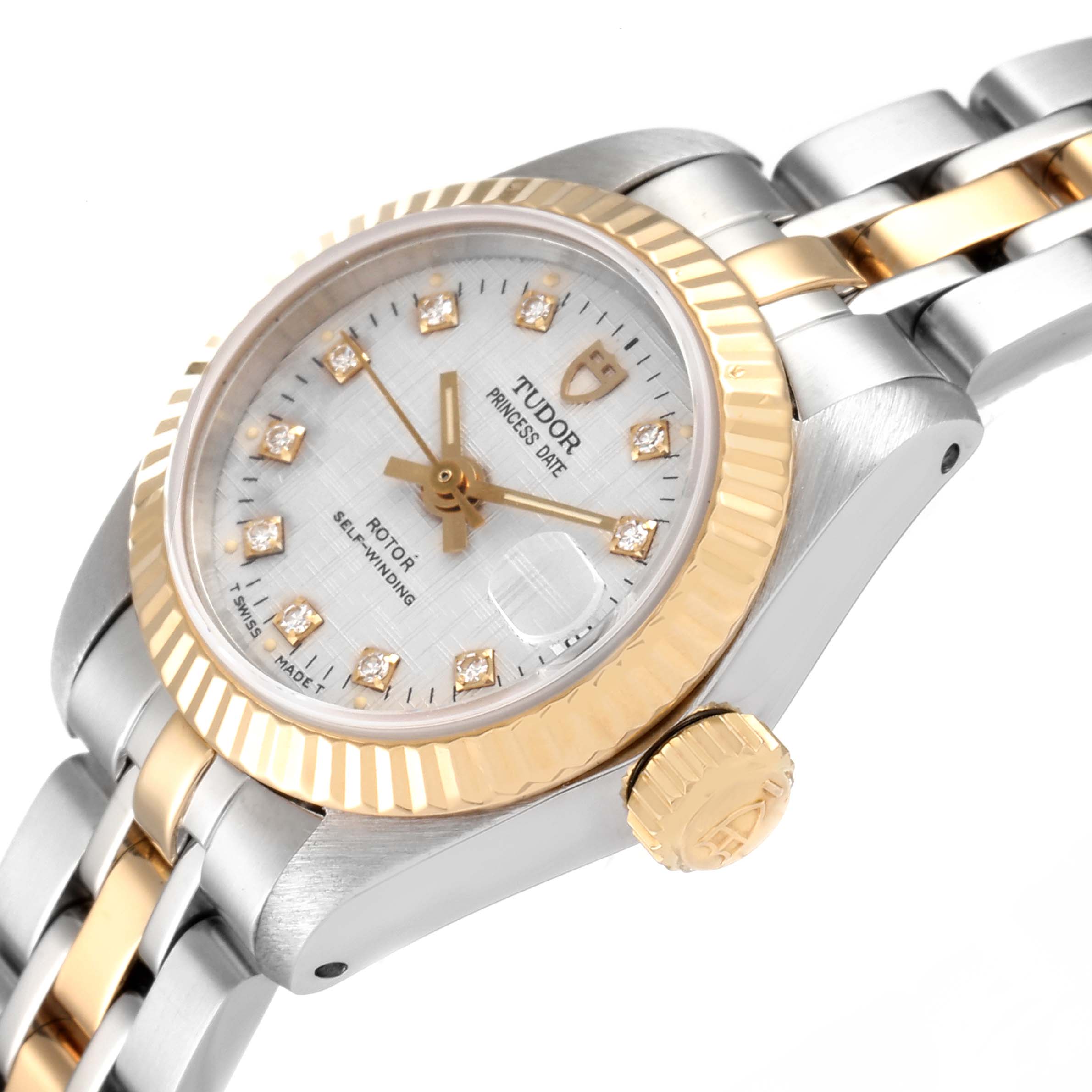 The image shows a close-up angled view of the Tudor Princess 92513 Women's Steel and Gold (two tone) Silver Dial 92513 Women's Steel and Gold (two tone) Silver Dial Date model, showcasing its dial, bezel, crown, and part of the bracelet.