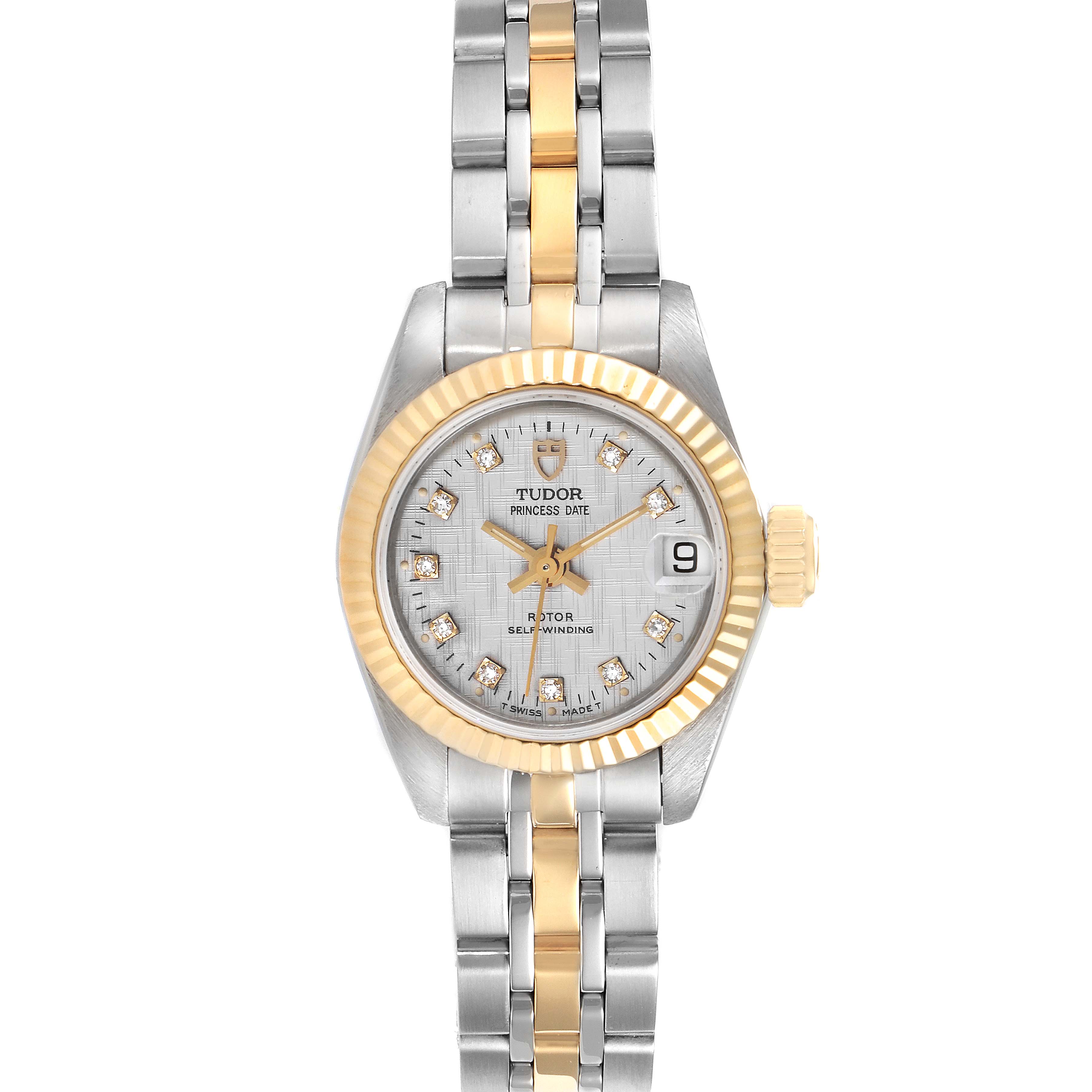The Tudor Princess 92513 Women's Steel and Gold (two tone) Silver Dial 92513 Women's Steel and Gold (two tone) Silver Dial model watch is shown from a front angle, featuring its face, bezel, crown, and bracelet.
