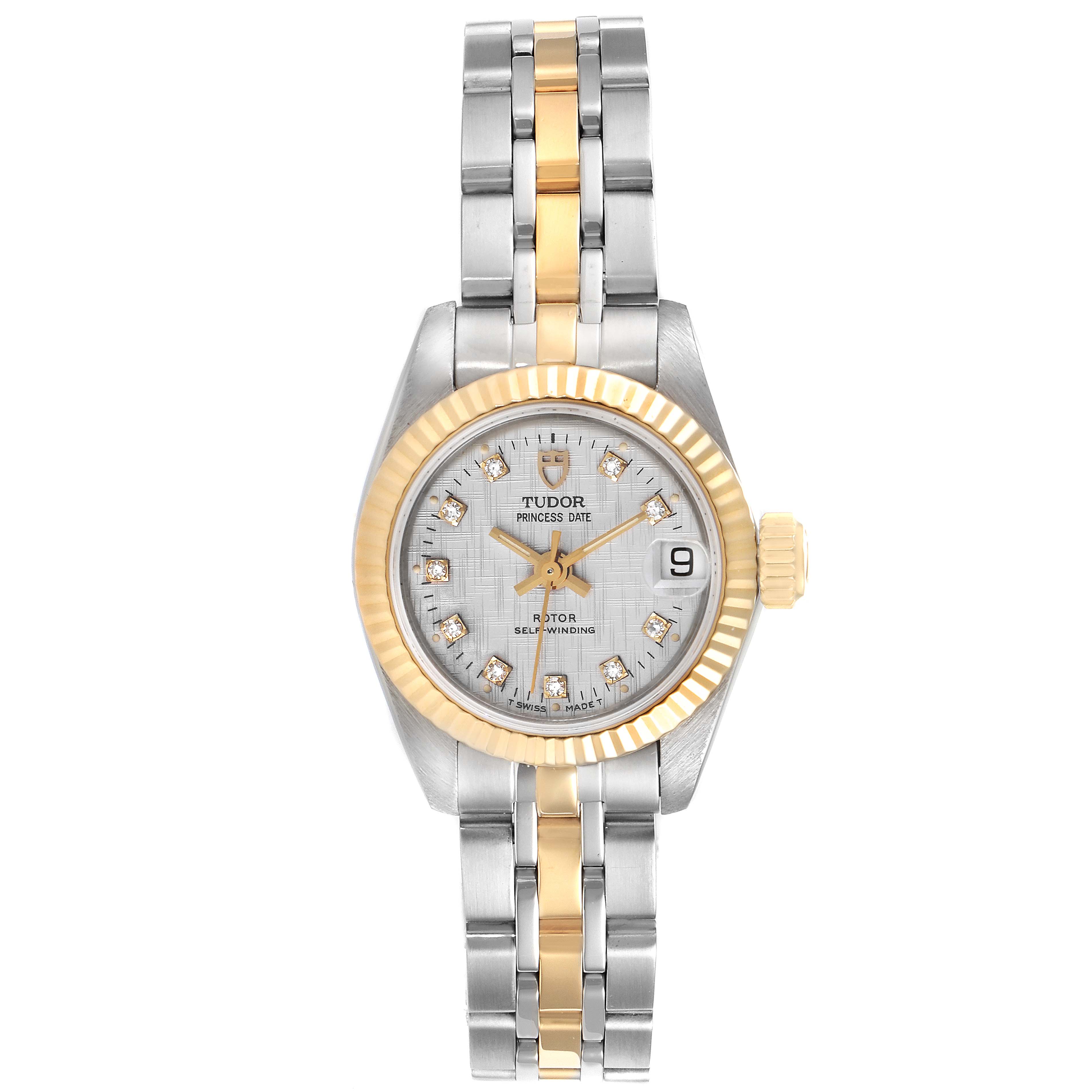 This image shows a front view of the Tudor Princess 92513 Women's Steel and Gold (two tone) Silver Dial 92513 Women's Steel and Gold (two tone) Silver Dial model watch, highlighting the face, bezel, and two-tone bracelet.