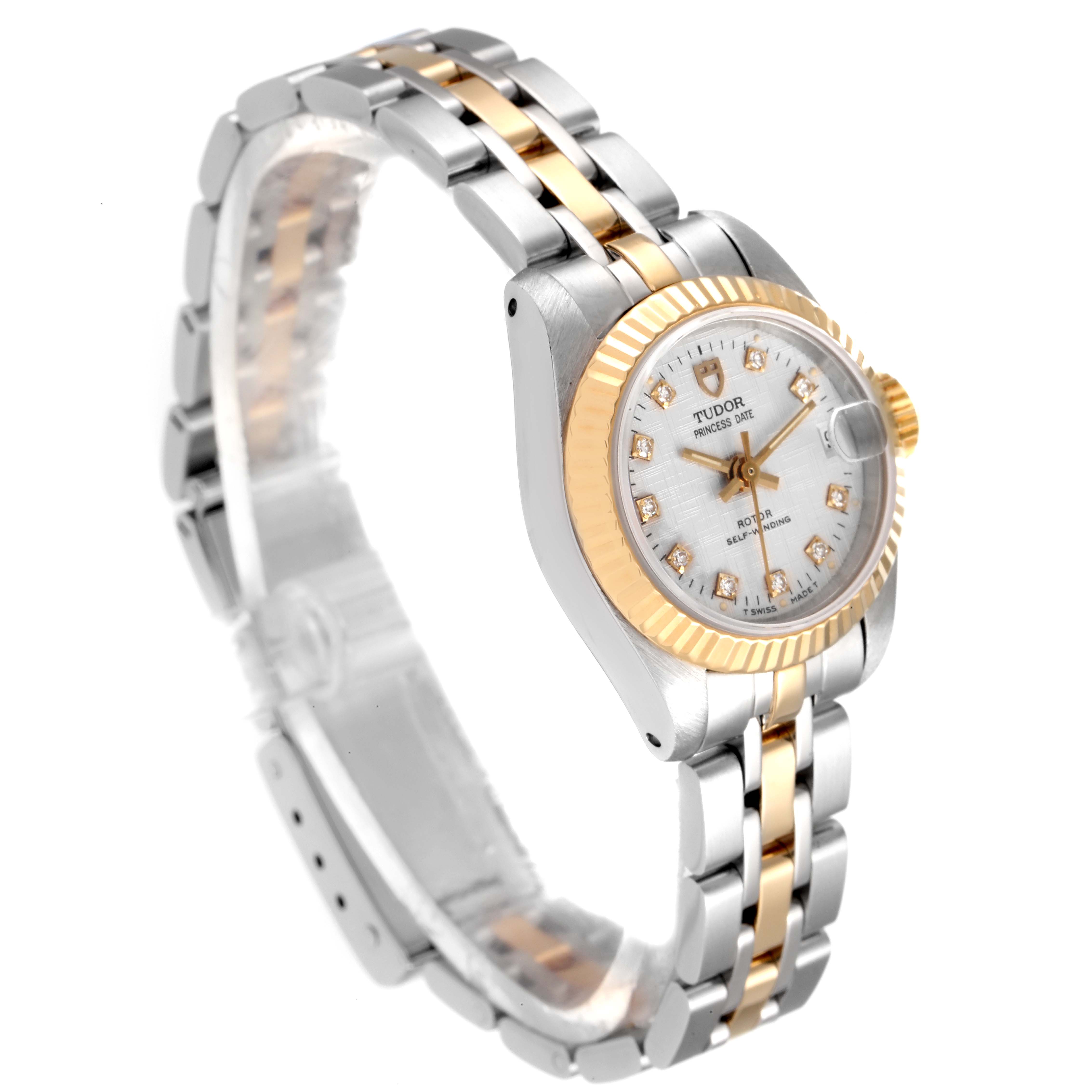 The Tudor Princess 92513 Women's Steel and Gold (two tone) Silver Dial 92513 Women's Steel and Gold (two tone) Silver Dial watch is shown at a slight angle, displaying its two-tone bracelet, bezel, and face.