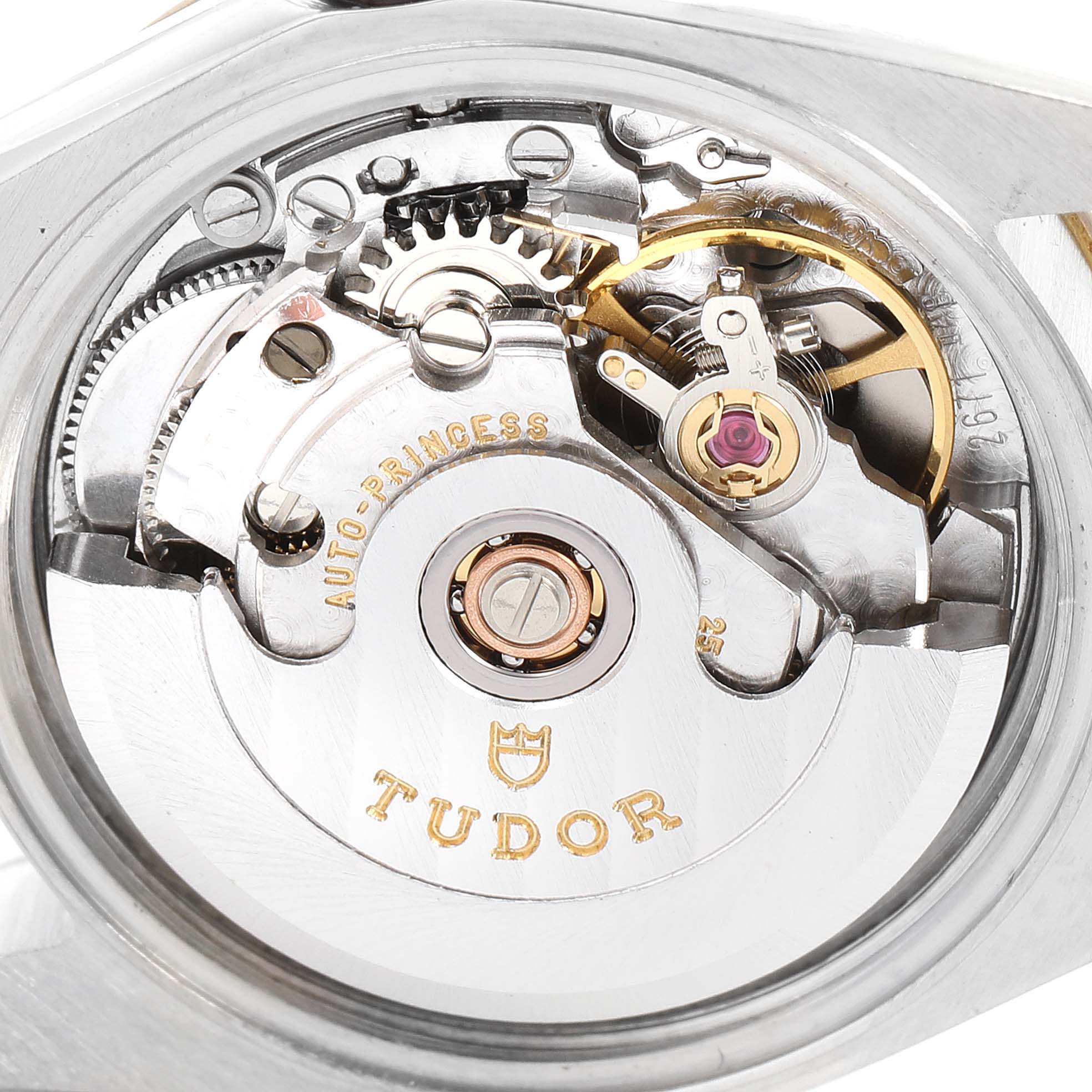 The image shows a close-up view of the movement of a Tudor Princess 92513 Women's Steel and Gold (two tone) Silver Dial 92513 Women's Steel and Gold (two tone) Silver Dial watch, focusing on its intricate mechanics.