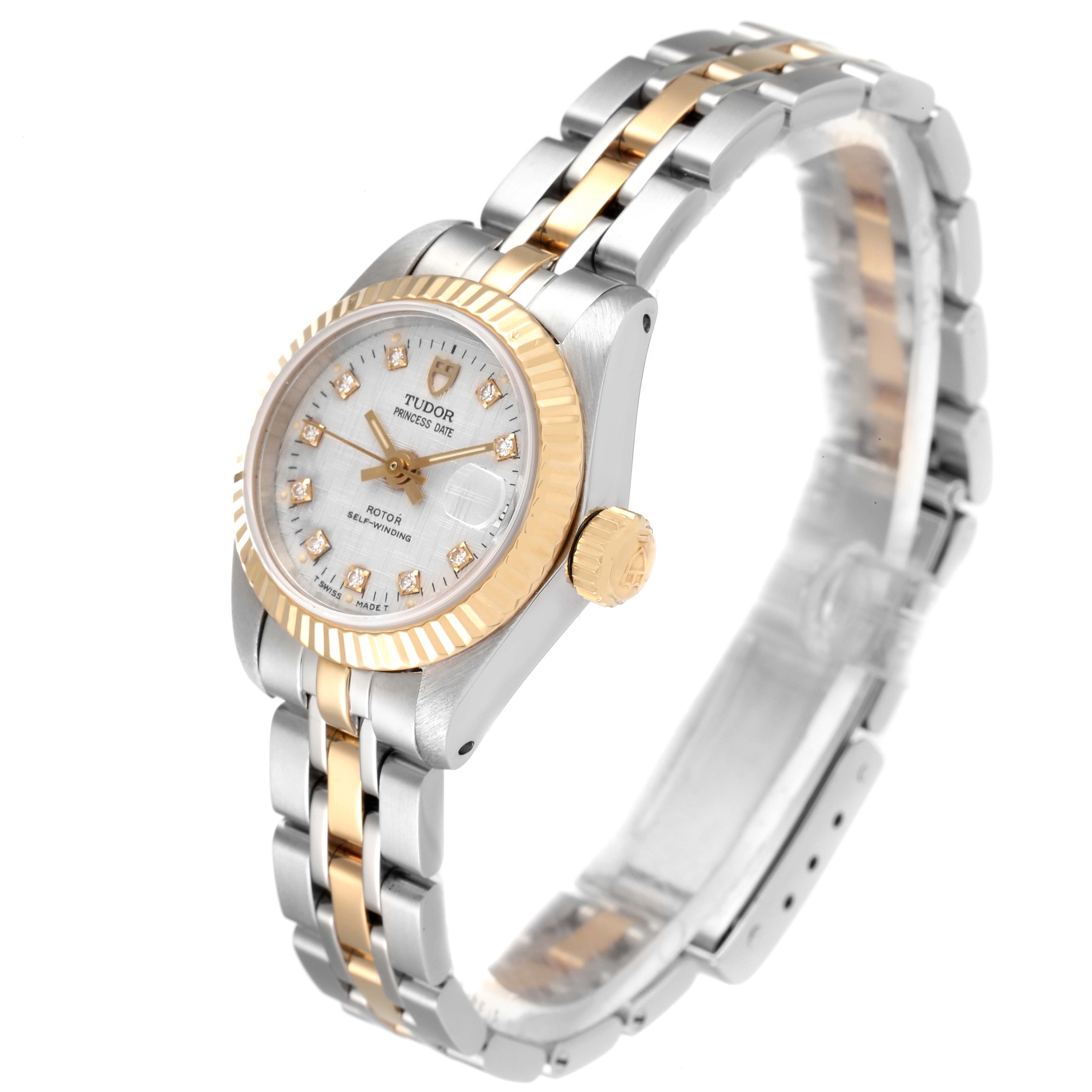 The image shows a side angle view of the Tudor Princess 92513 Women's Steel and Gold (two tone) Silver Dial 92513 Women's Steel and Gold (two tone) Silver Dial Date watch, focusing on its gold and silver bracelet, crown, and dial.