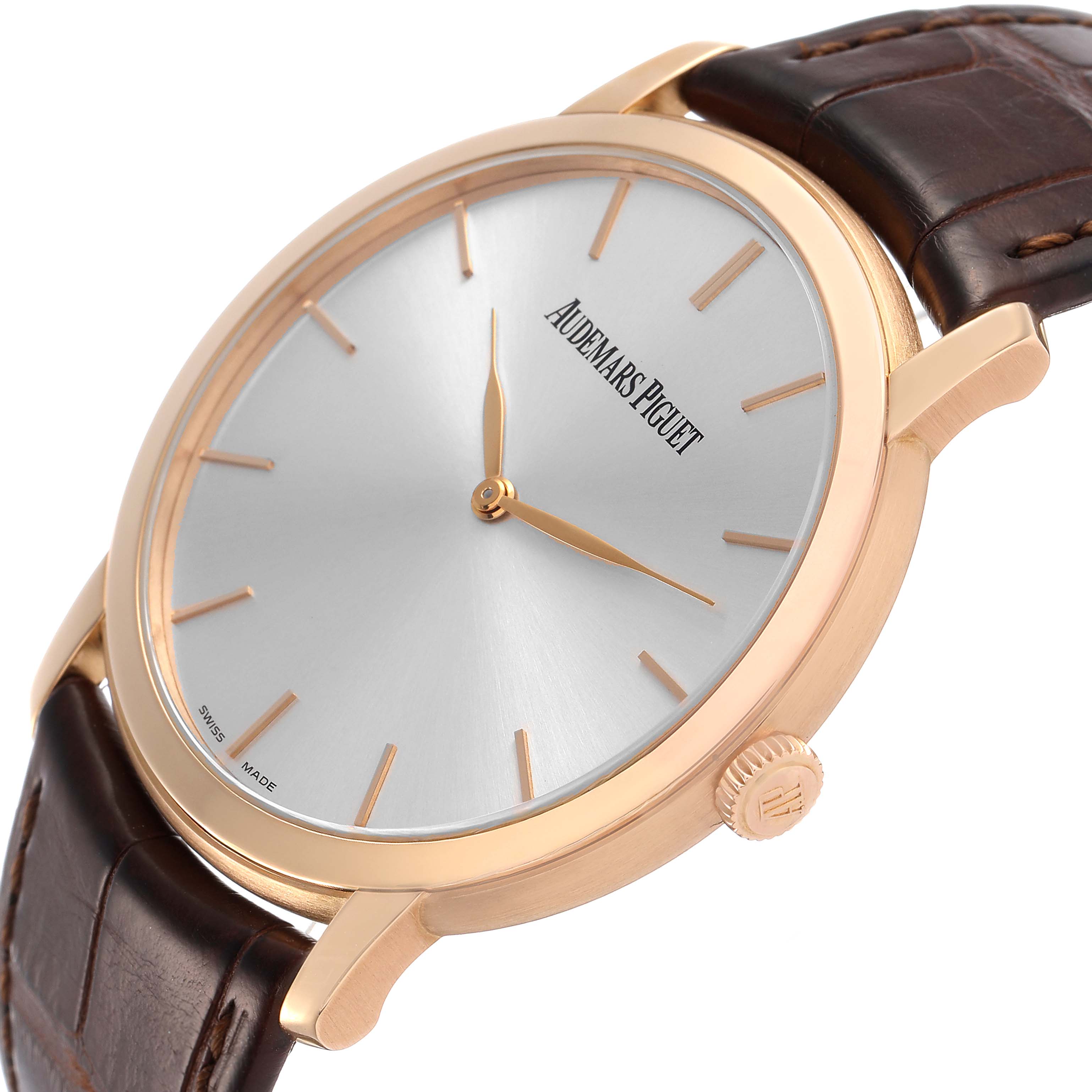 The Audemars Piguet Jules 15180R Men's Rose Gold Silver Dial watch is shown at an oblique angle, highlighting the dial, hands, crown, and a portion of the leather strap.
