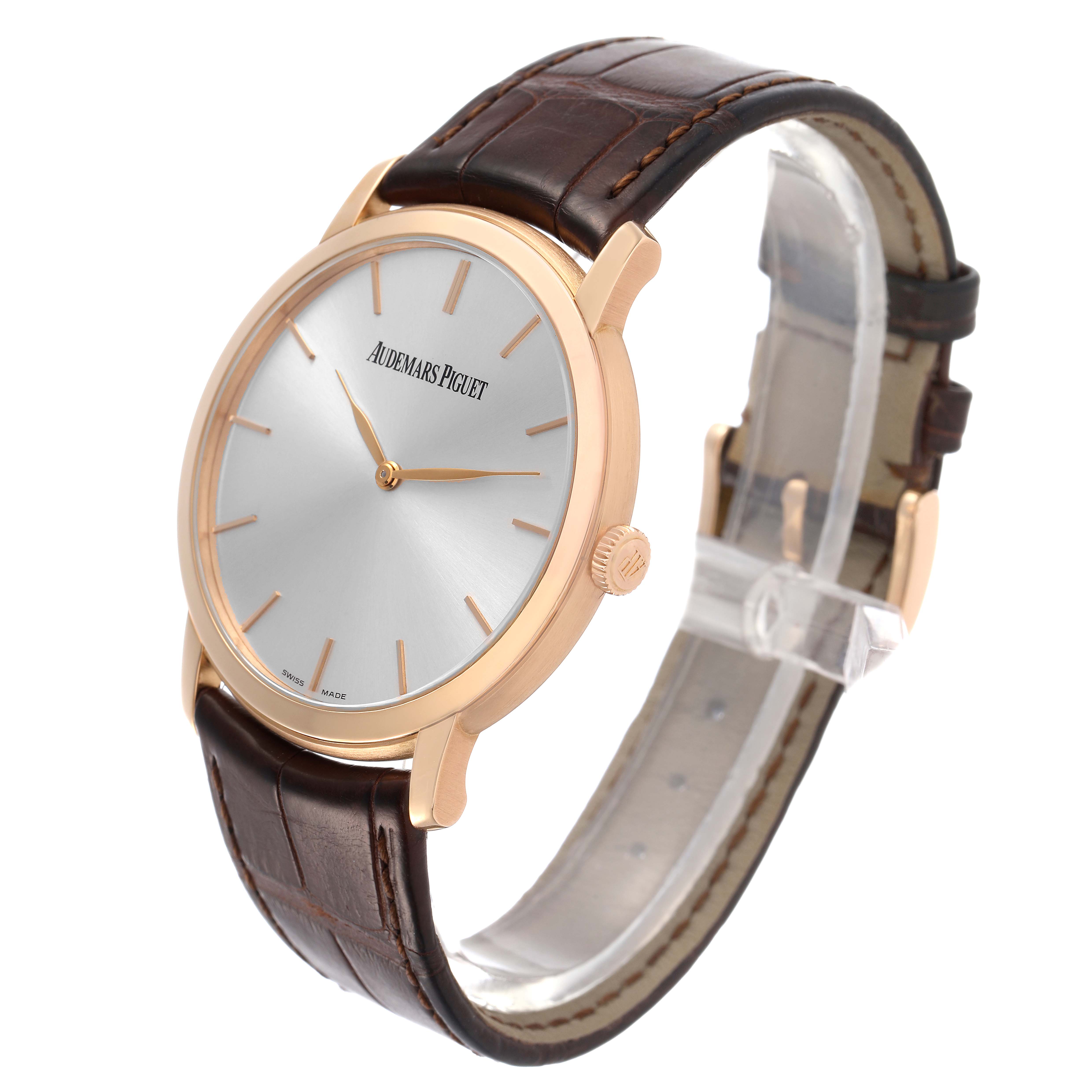 The Audemars Piguet Jules 15180R Men's Rose Gold Silver Dial watch is shown at a three-quarter angle, displaying the face, bezel, crown, and leather strap.