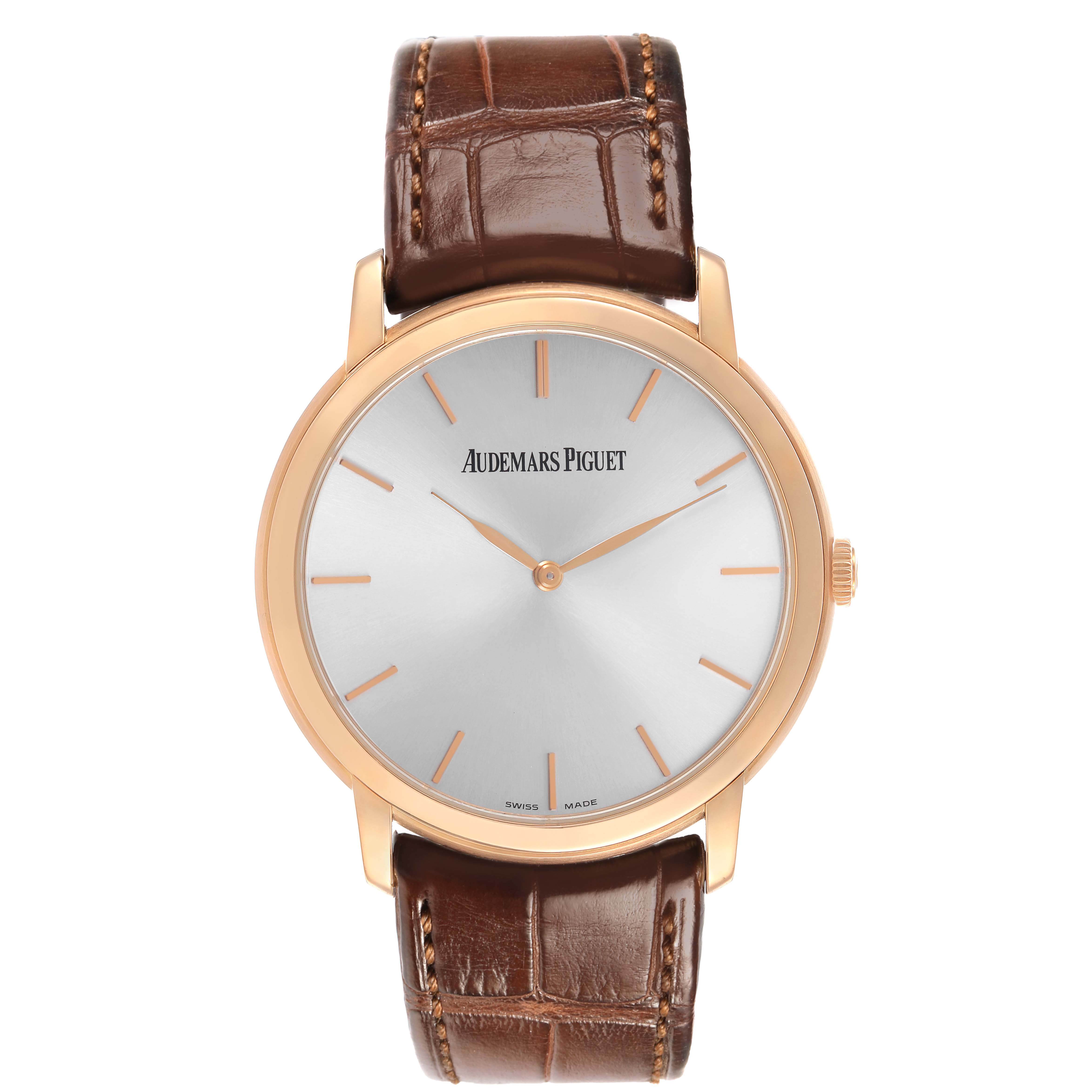 The Audemars Piguet Jules 15180R Men's Rose Gold Silver Dial model watch is shown from the front, displaying the dial, hands, and leather strap.