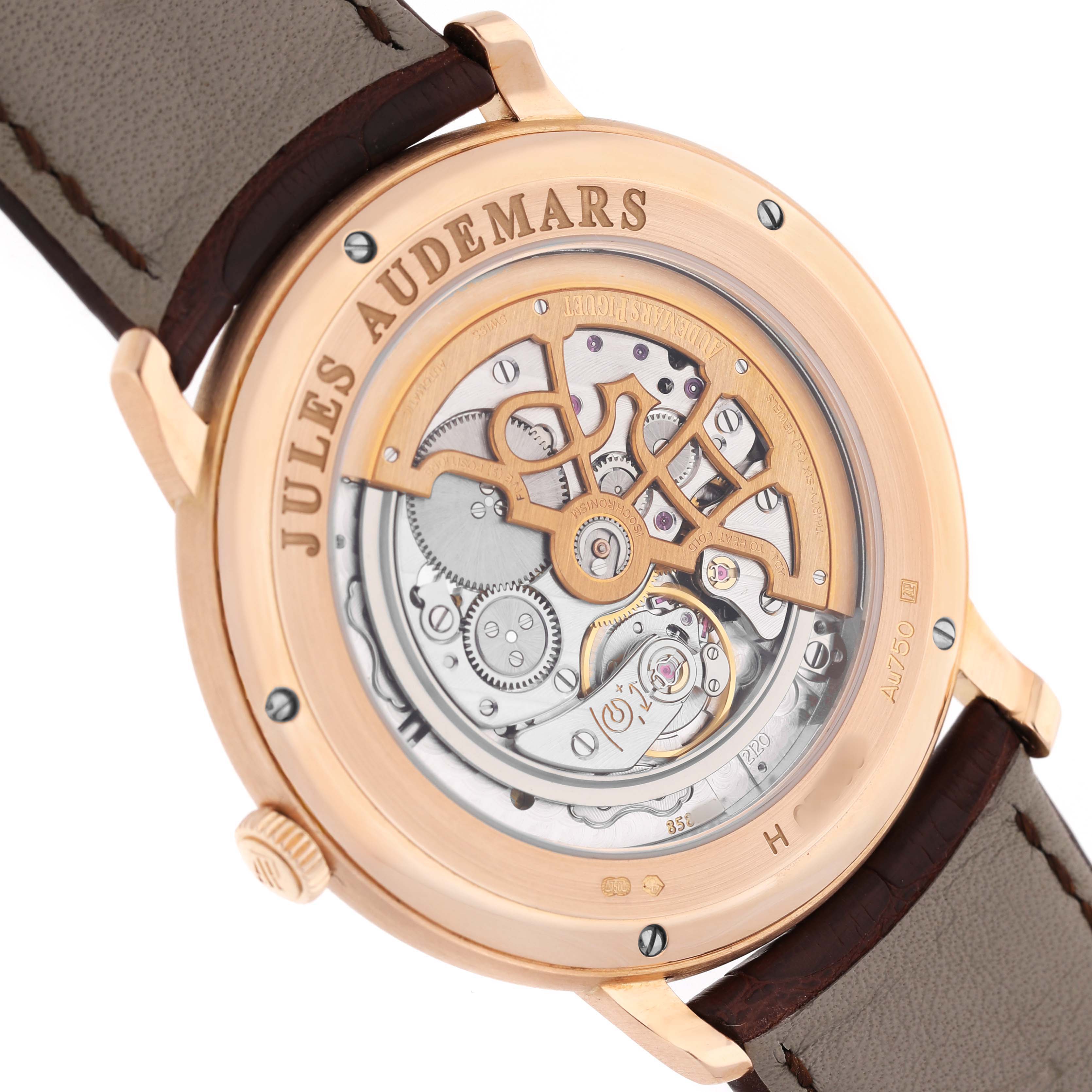 The image shows the back view of an Audemars Piguet Jules 15180R Men's Rose Gold Silver Dial watch, highlighting its intricate movement and engraving details.