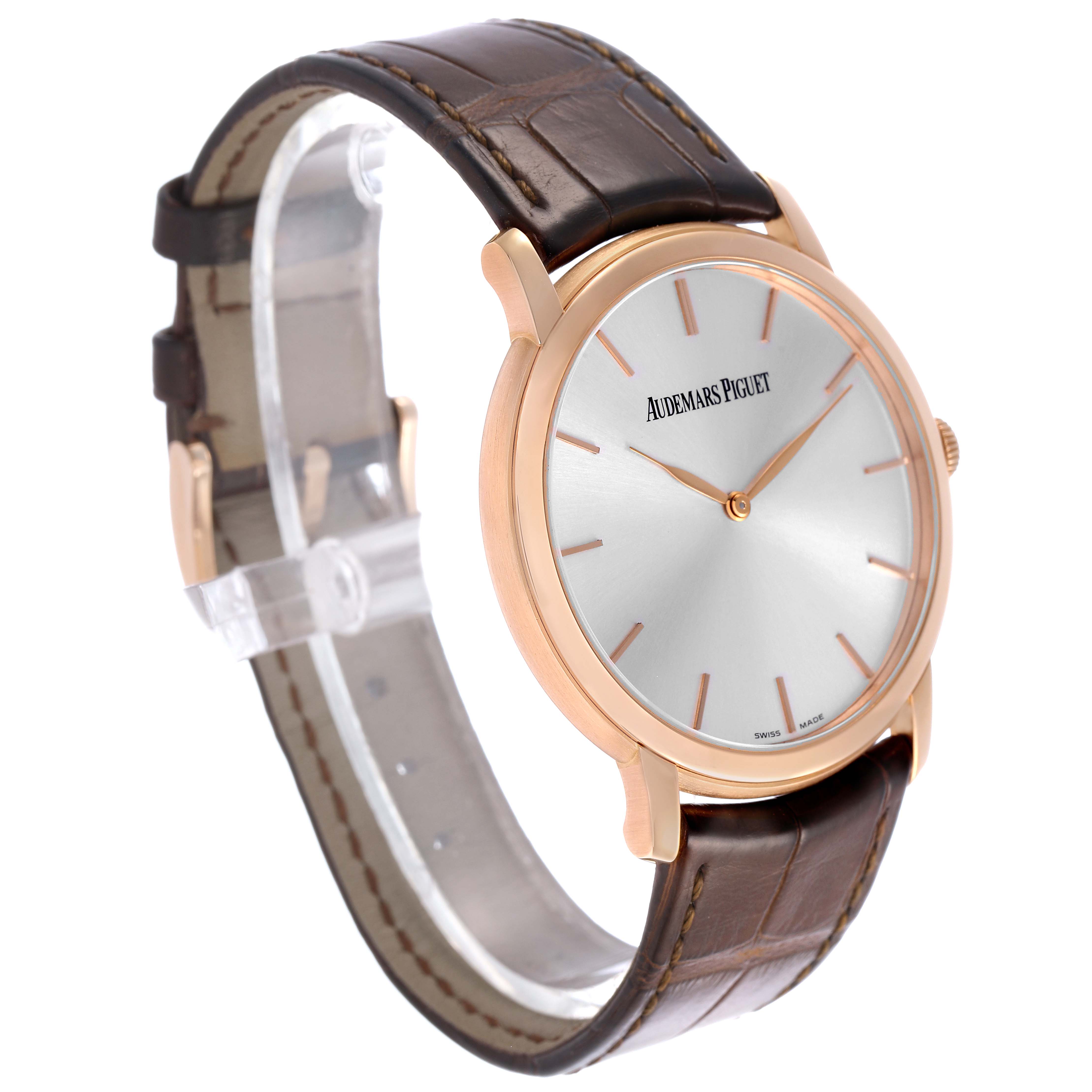 The image shows a Jules model by Audemars Piguet at a three-quarter angle, highlighting the watch face, case, and leather strap.