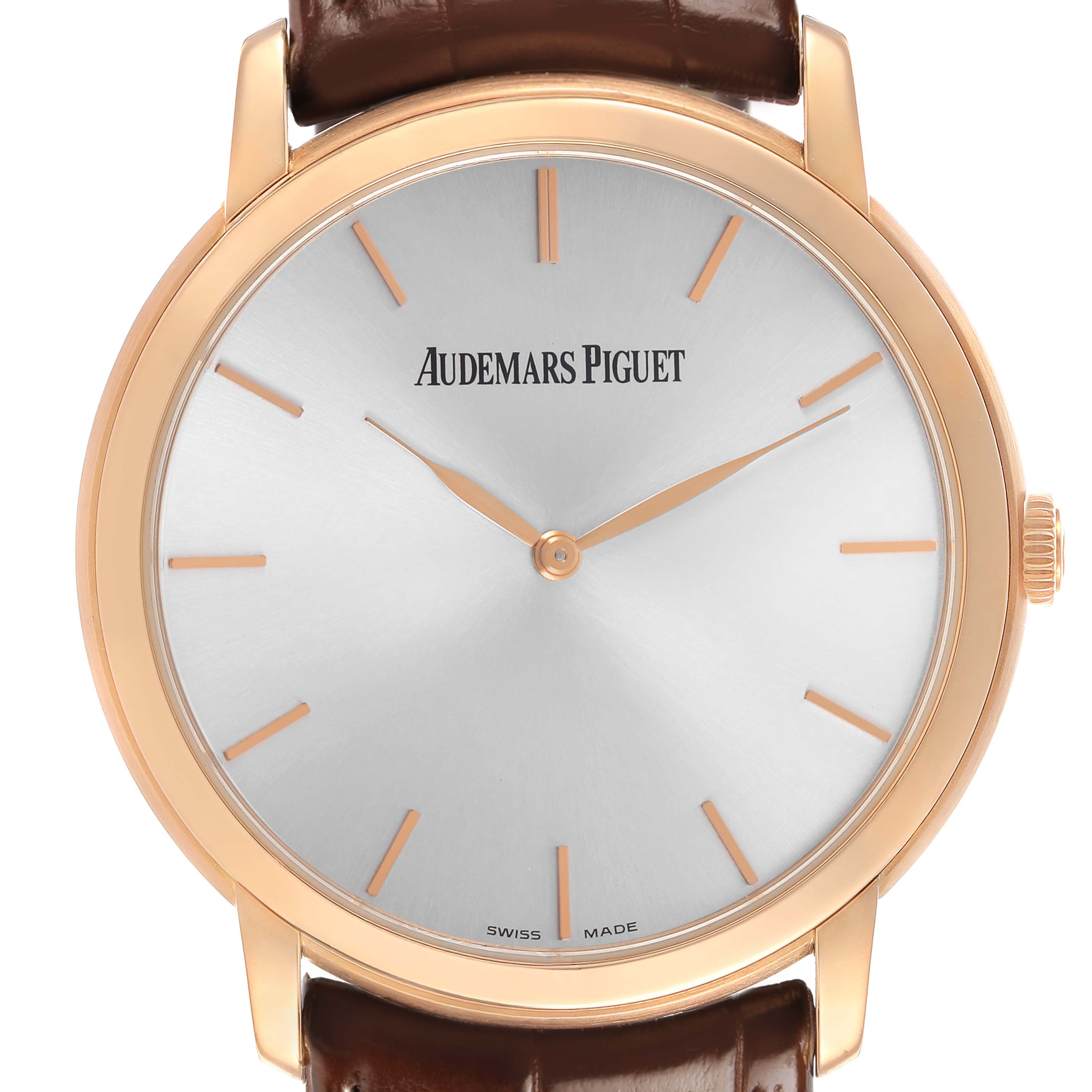 The Audemars Piguet Jules 15180R Men's Rose Gold Silver Dial watch is shown from a front angle displaying the dial, hands, and part of the leather strap.