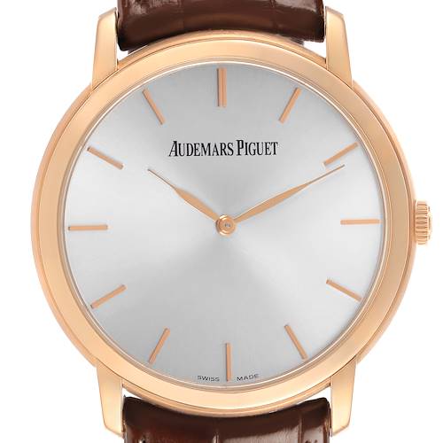 The Audemars Piguet Jules 15180R Men's Rose Gold Silver Dial watch is shown with a front angle, displaying its round face, markers, hands, and leather strap.