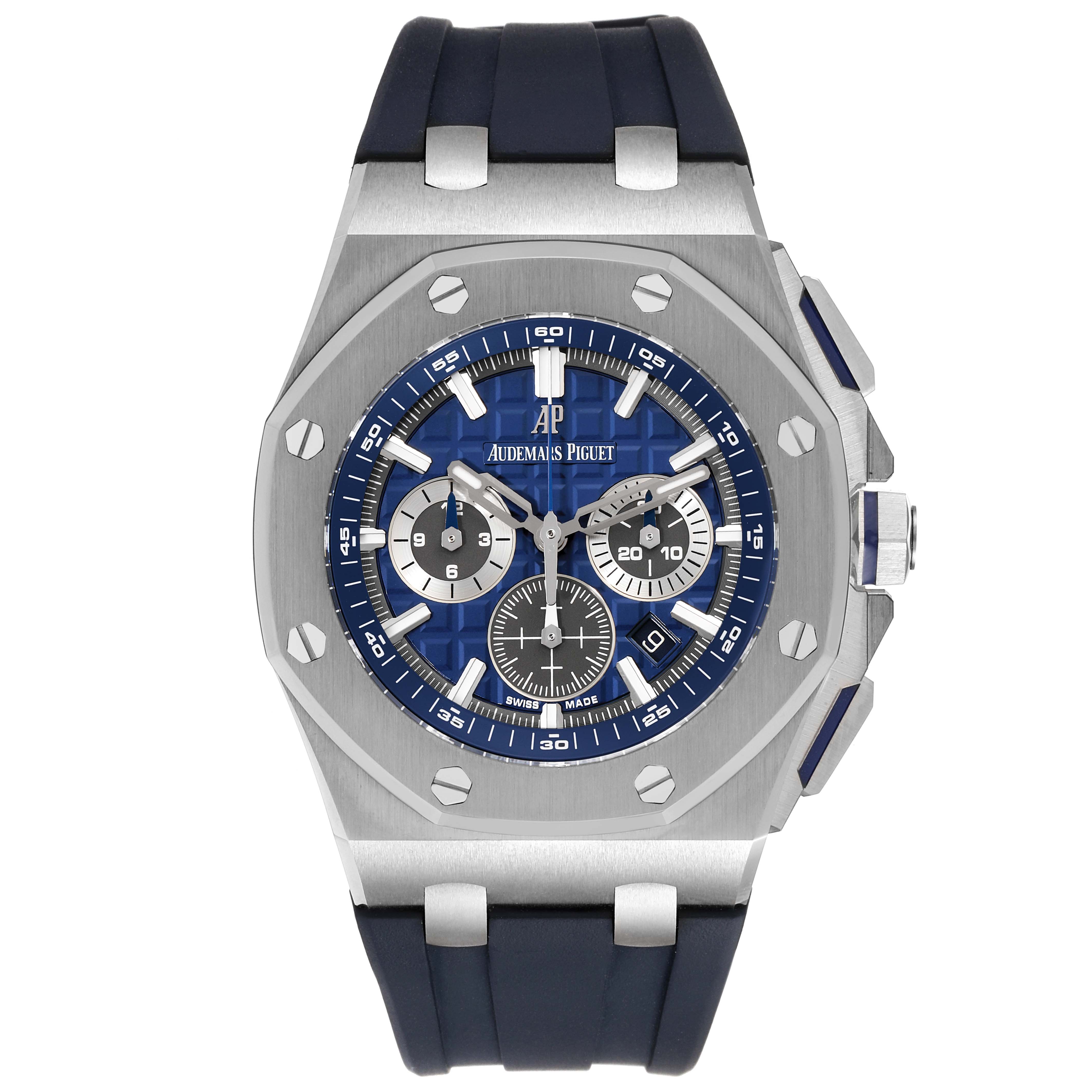 The image shows a frontal view of the Audemars Piguet Royal Oak Offshore 26480TI.OO.A027CA.01 Men's Titanium Blue Dial 26480TI.OO.A027CA.01 Men's Titanium Blue Dial watch, highlighting its face, bezel, and strap.