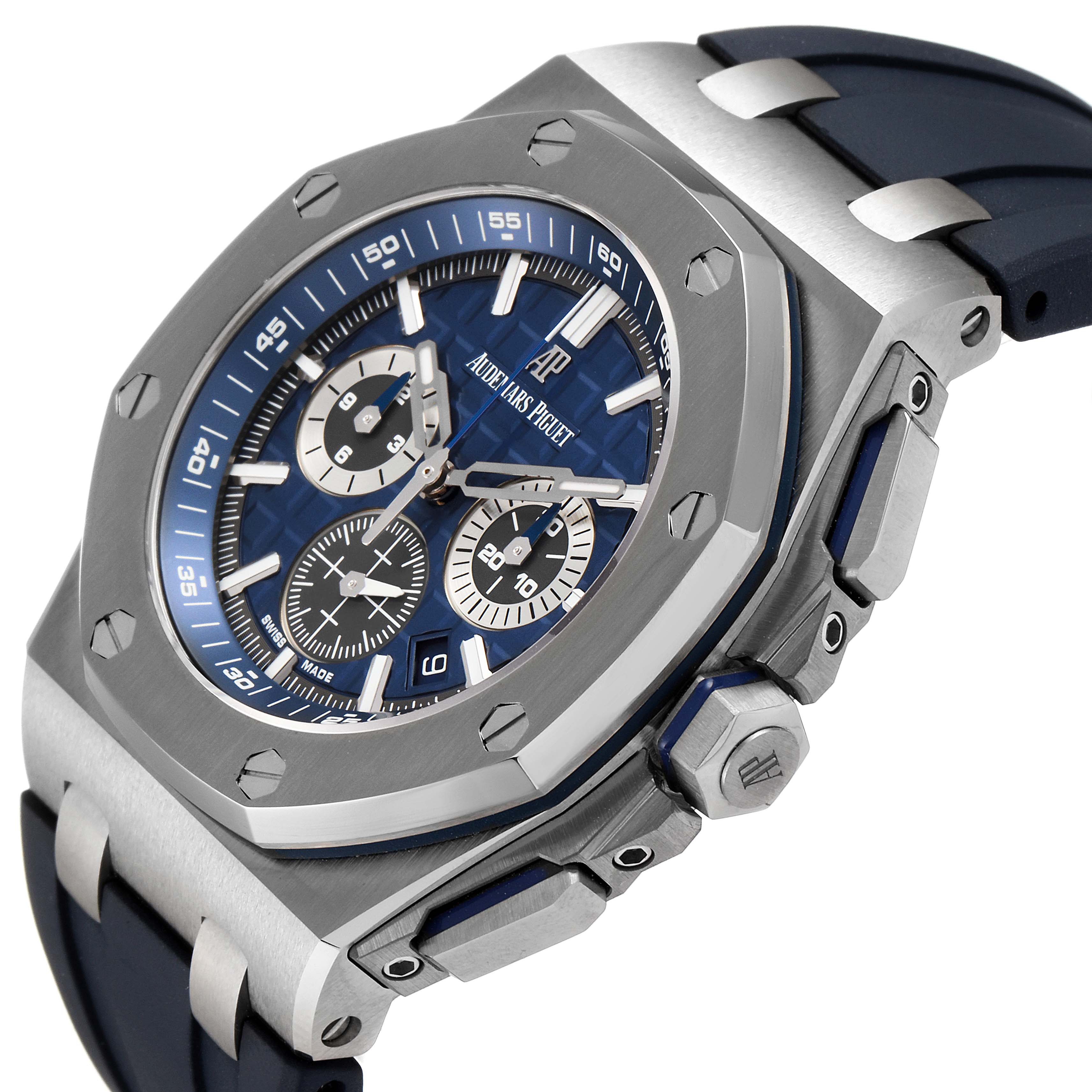 This image shows a side close-up angle of the Royal Oak Offshore by Audemars Piguet, highlighting the bezel, dial, and strap.