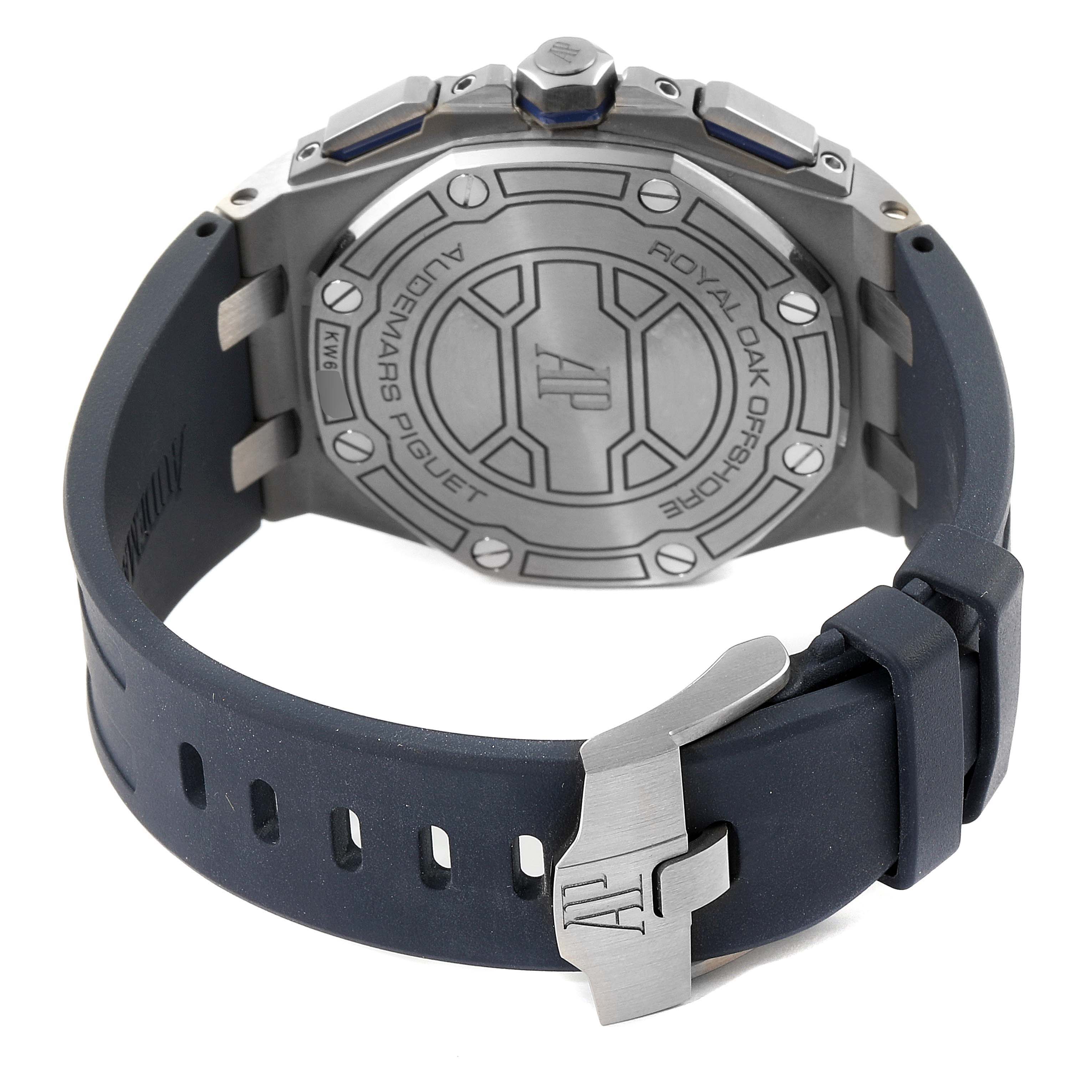 This image shows the back case and strap of the Audemars Piguet Royal Oak Offshore 26480TI.OO.A027CA.01 Men's Titanium Blue Dial 26480TI.OO.A027CA.01 Men's Titanium Blue Dial model.