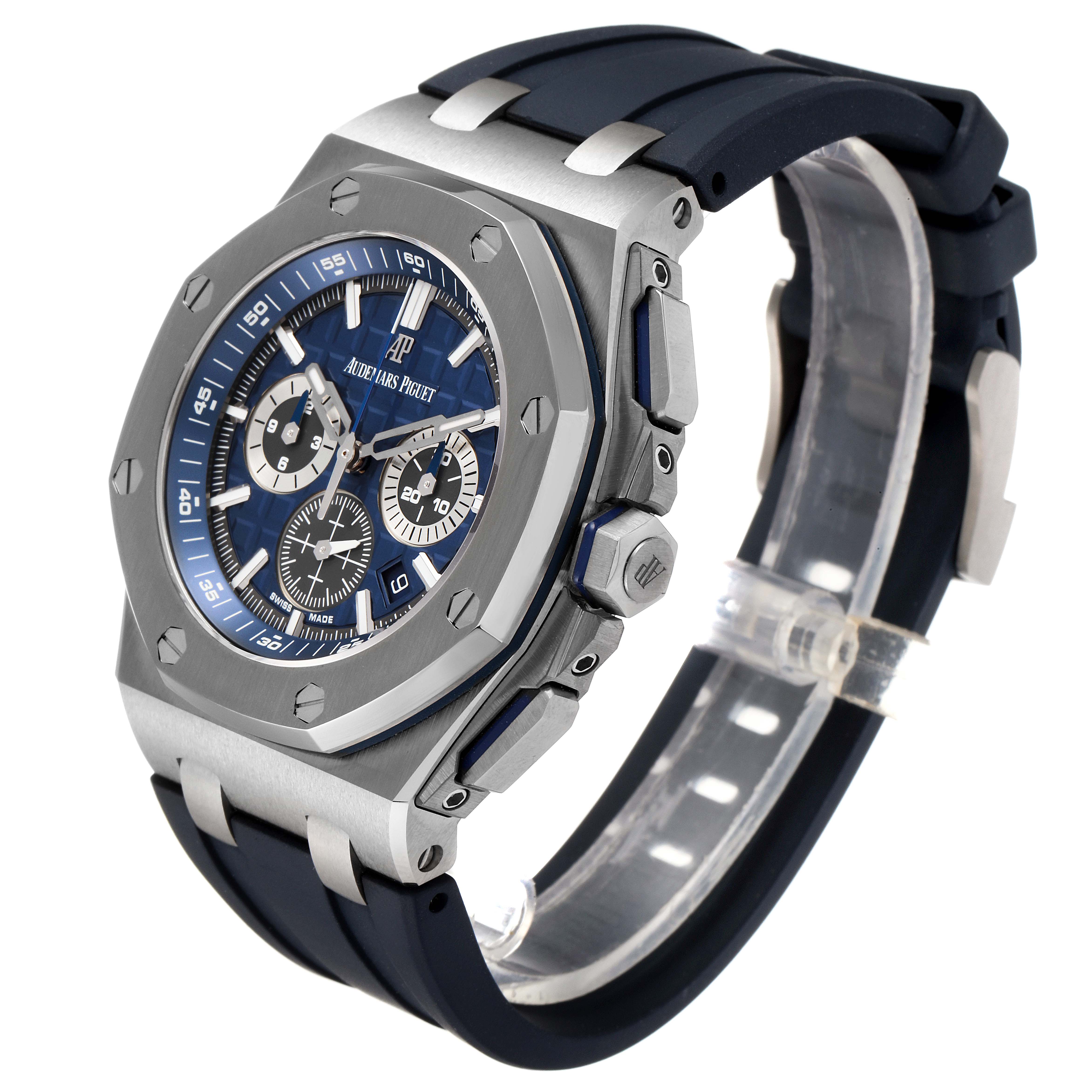 The image shows a front angled view of an Audemars Piguet Royal Oak Offshore 26480TI.OO.A027CA.01 Men's Titanium Blue Dial 26480TI.OO.A027CA.01 Men's Titanium Blue Dial watch, highlighting the face, bezel, and strap.
