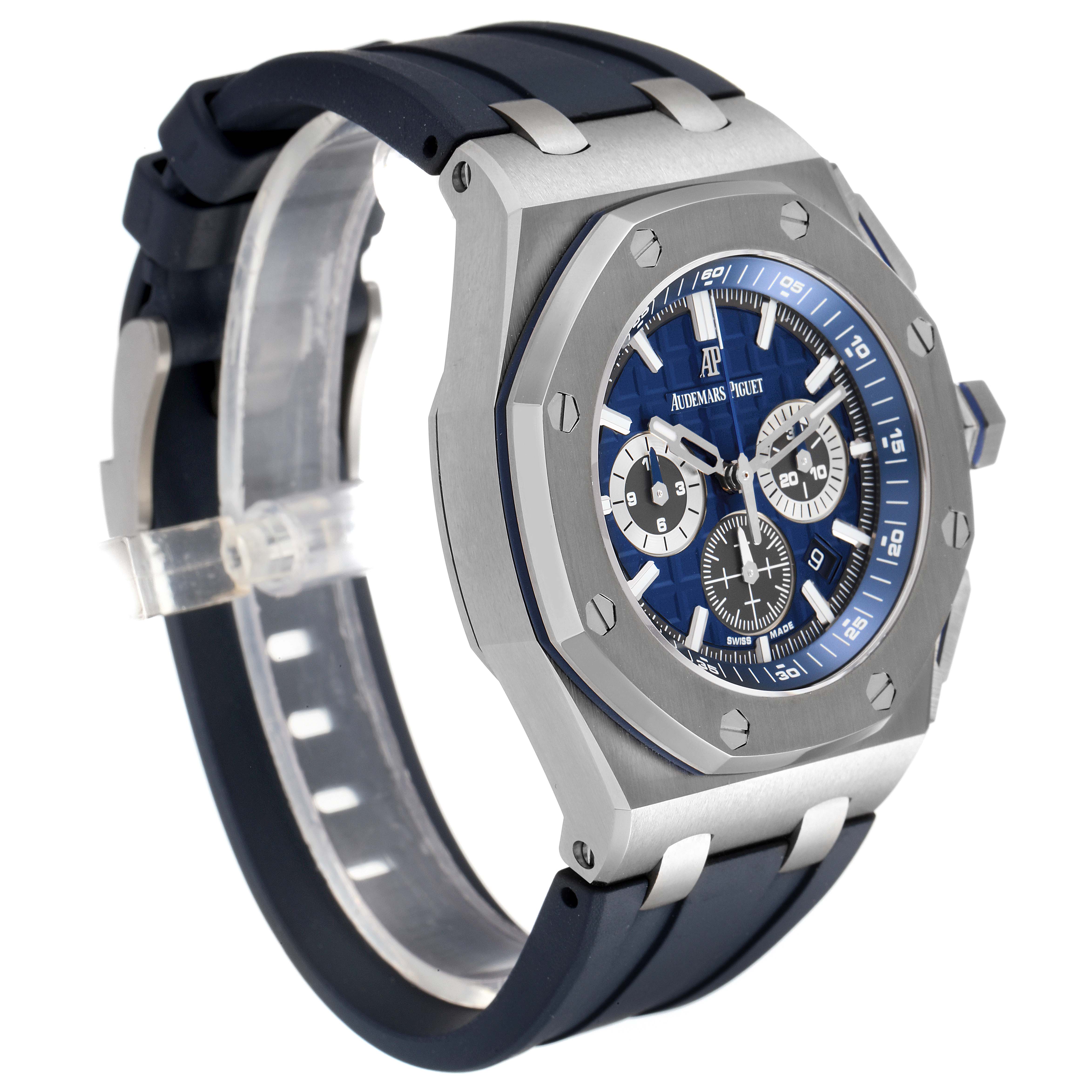 The Royal Oak Offshore by Audemars Piguet is shown at a front-left angle, highlighting its blue dial, pushers, bezel, and rubber strap.