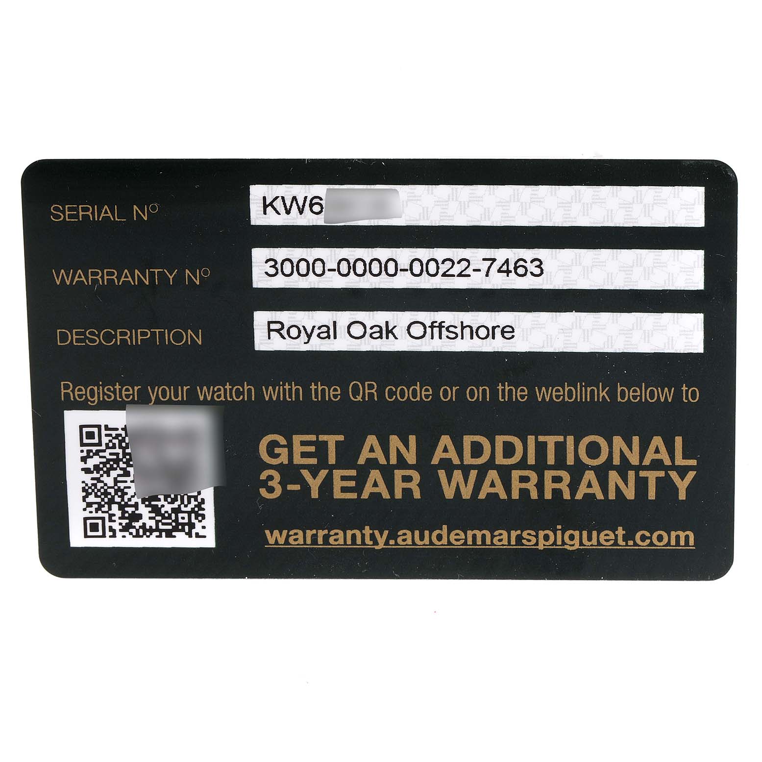 This is a warranty card for the Royal Oak Offshore model by Audemars Piguet, displaying serial and warranty numbers.