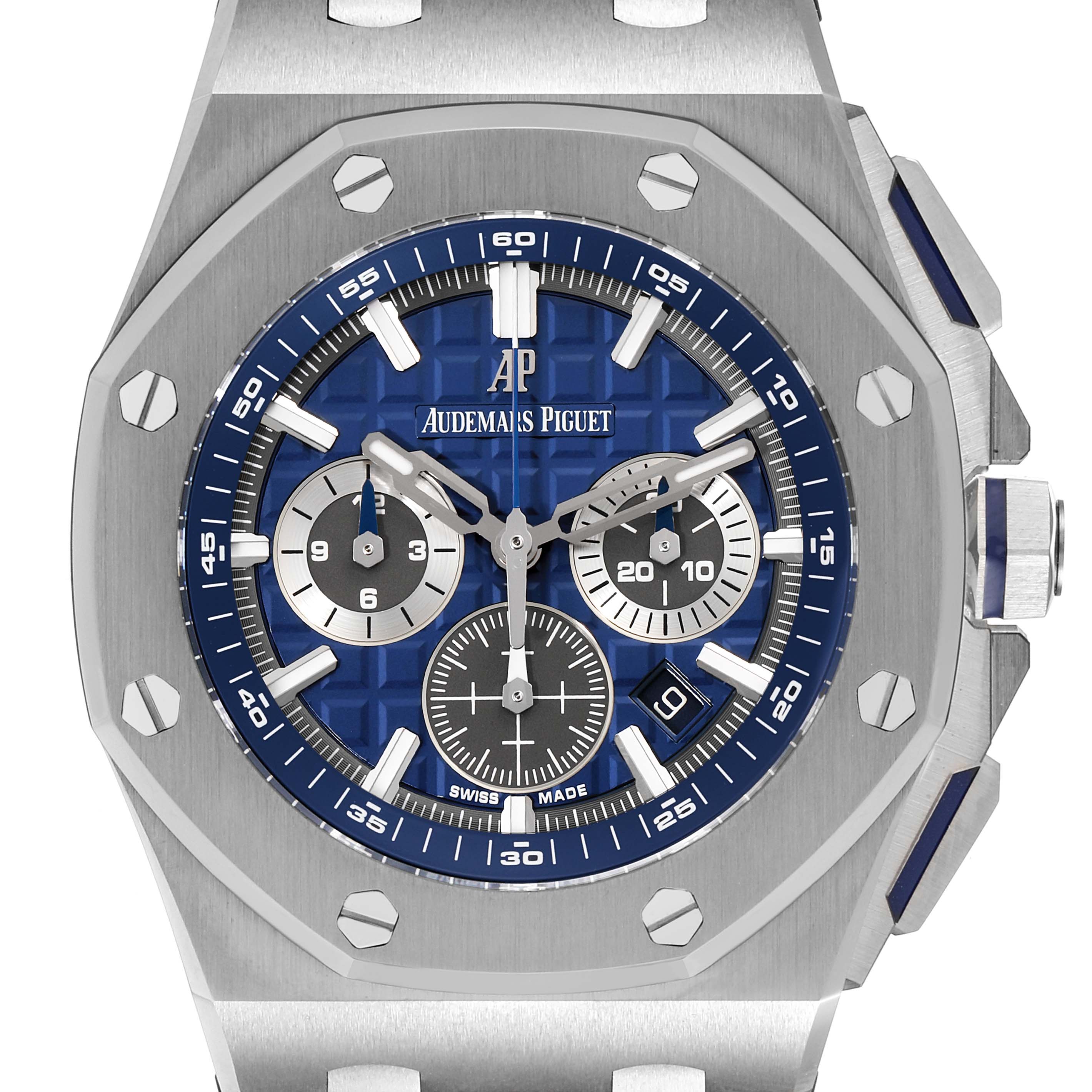 The image shows a close-up, front view of the dial and bezel of an Audemars Piguet Royal Oak Offshore 26480TI.OO.A027CA.01 Men's Titanium Blue Dial 26480TI.OO.A027CA.01 Men's Titanium Blue Dial watch.