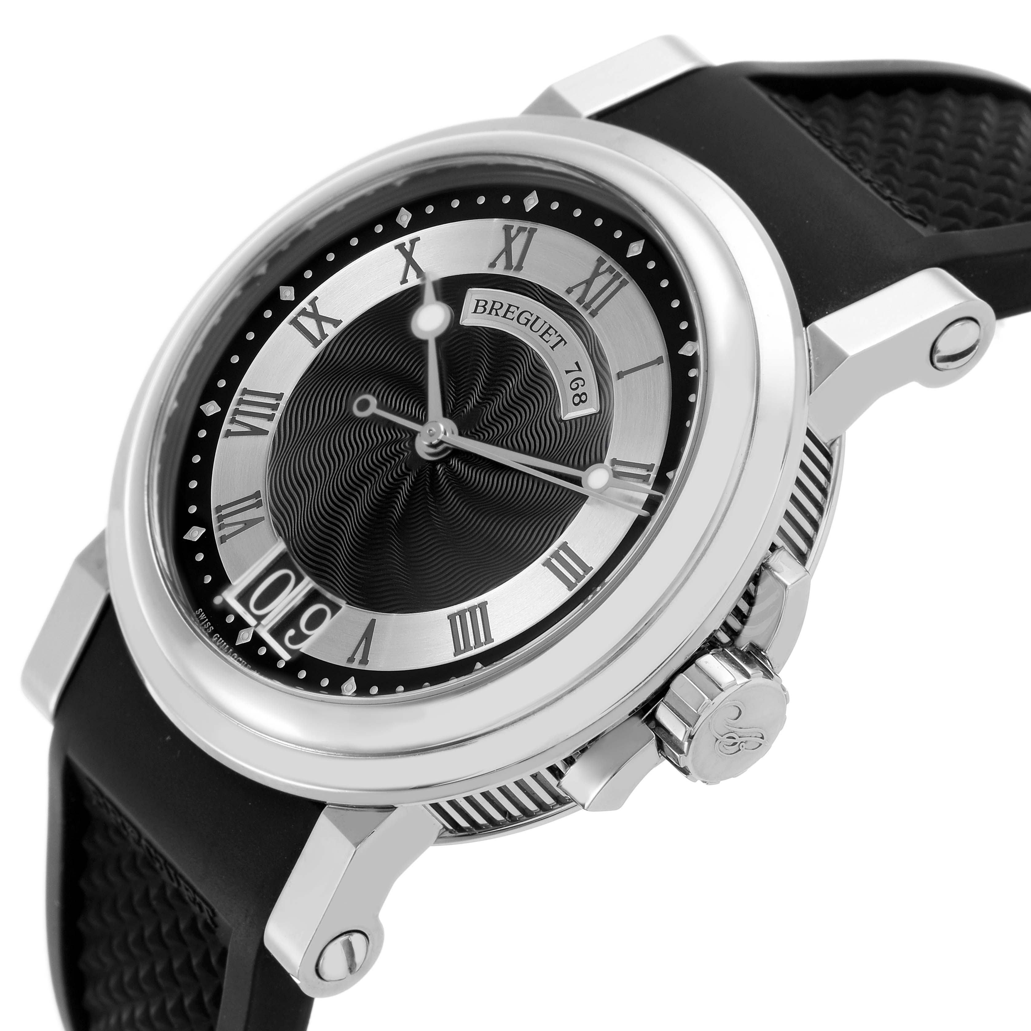 The Breguet Marine 5817ST/12/SVO Men's Stainless Steel Black Dial watch is shown at a slight angle, highlighting its face, bezel, crown, and part of the strap.