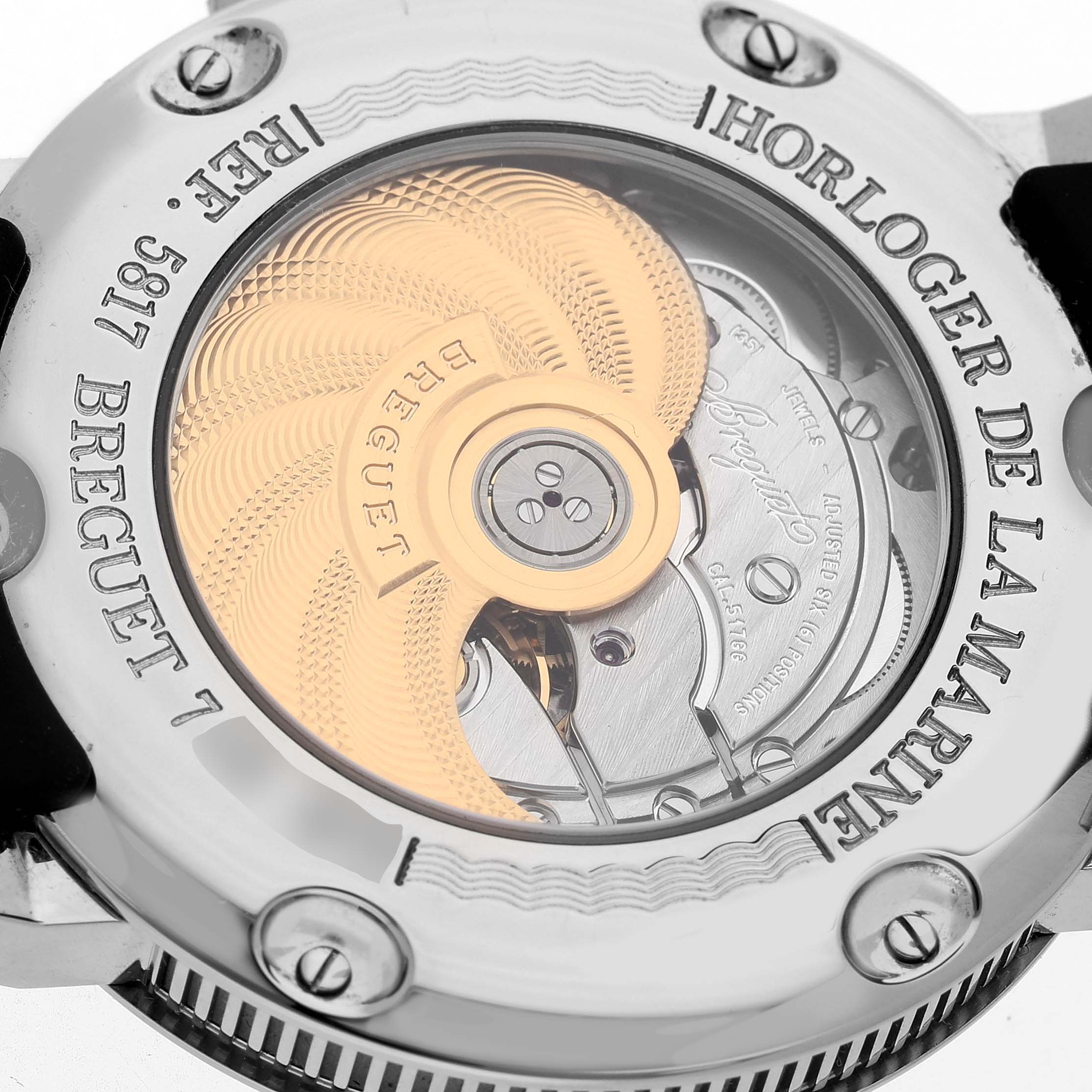 The image shows the back of a Breguet Marine 5817ST/12/SVO Men's Stainless Steel Black Dial model, highlighting the rotor and movement through a clear case back.