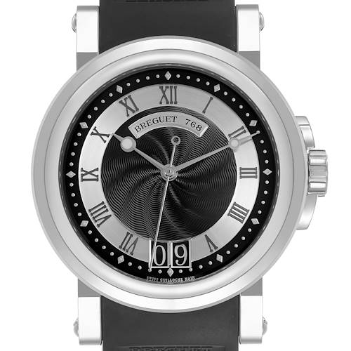 The Breguet Marine 5817ST/12/SVO Men's Stainless Steel Black Dial watch is shown from a frontal angle, highlighting the dial and bezel.