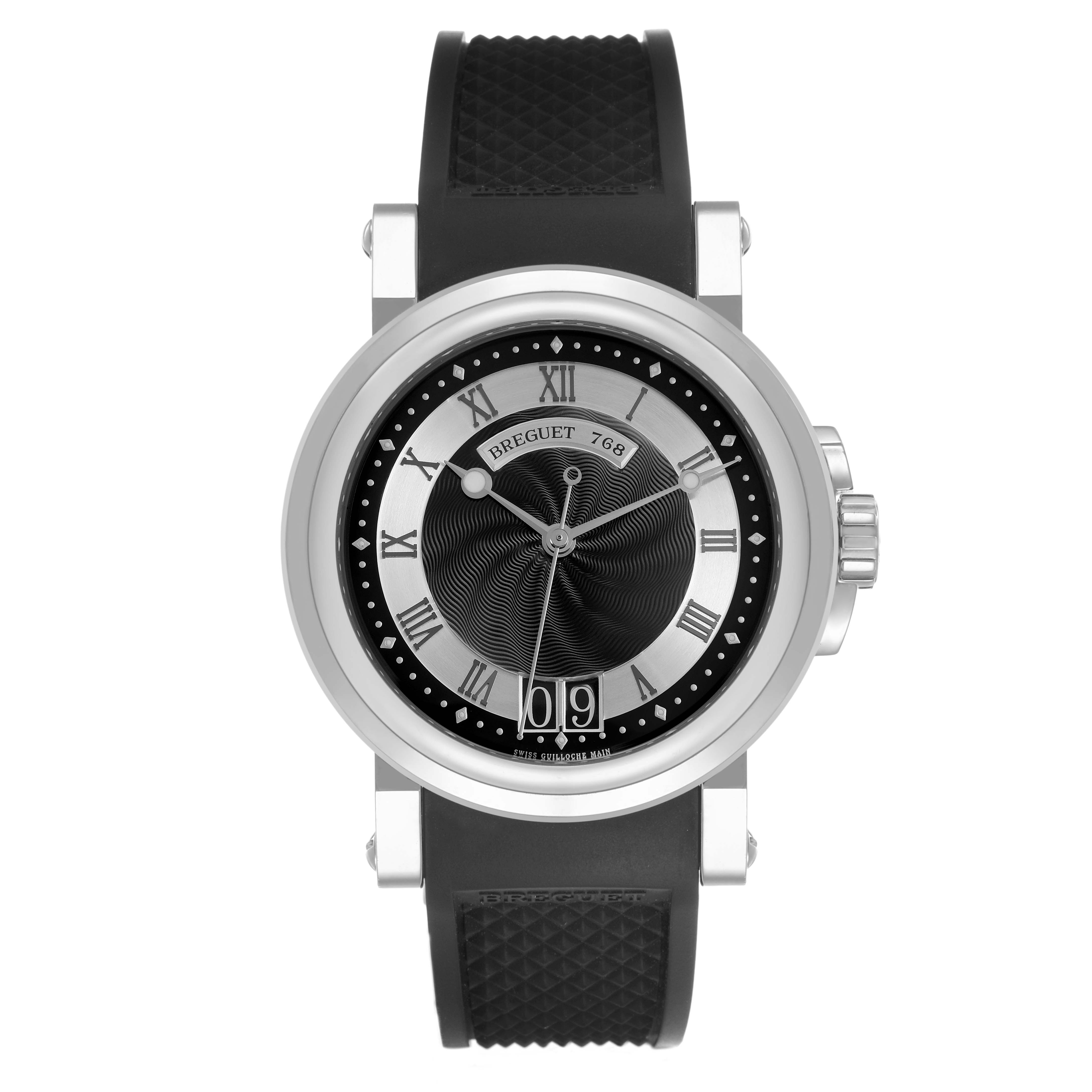 The Breguet Marine 5817ST/12/SVO Men's Stainless Steel Black Dial watch is shown from a front view, highlighting its face, crown, and strap.