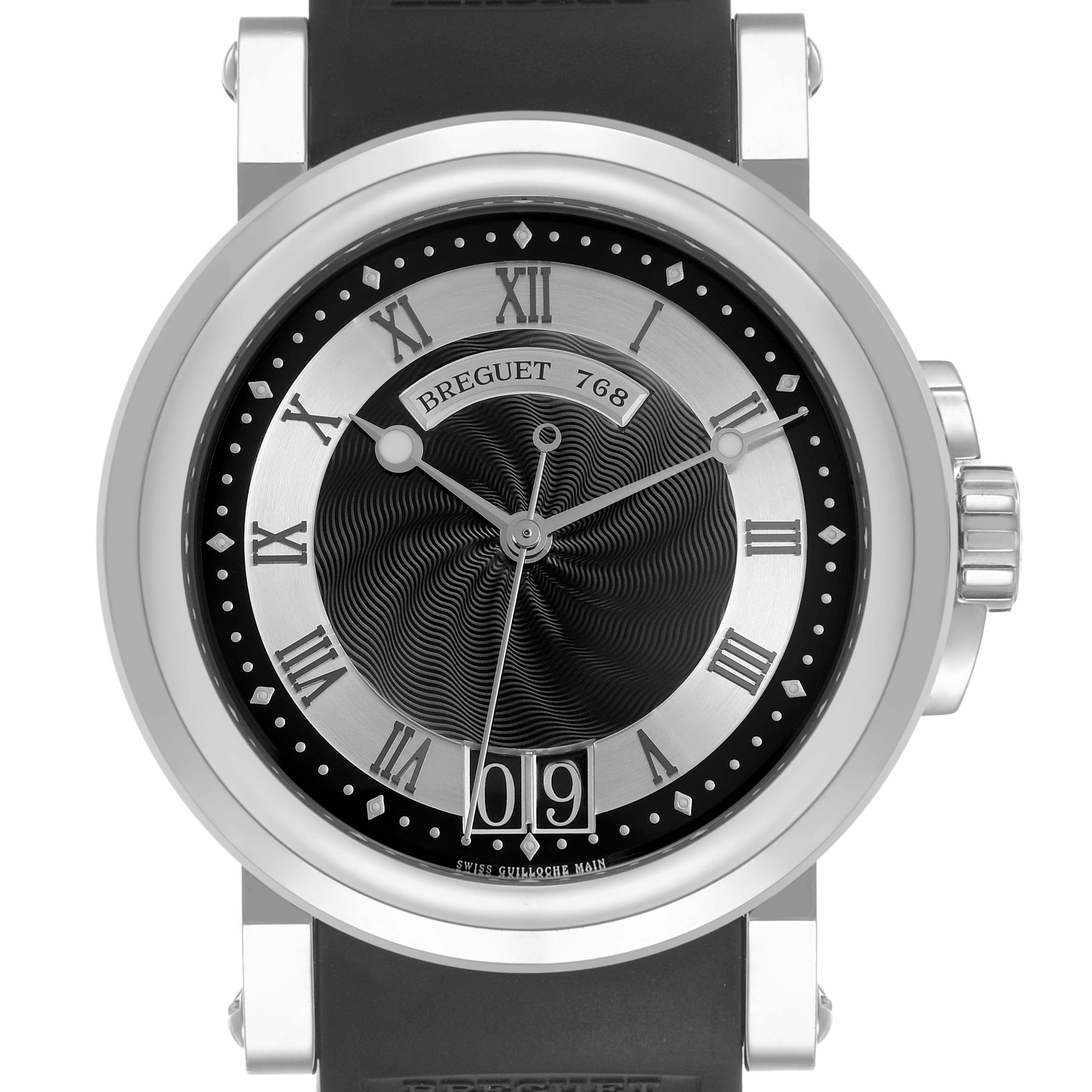 The Breguet Marine 5817ST/12/SVO Men's Stainless Steel Black Dial watch is shown from the front, highlighting its dial, bezel, and crown.
