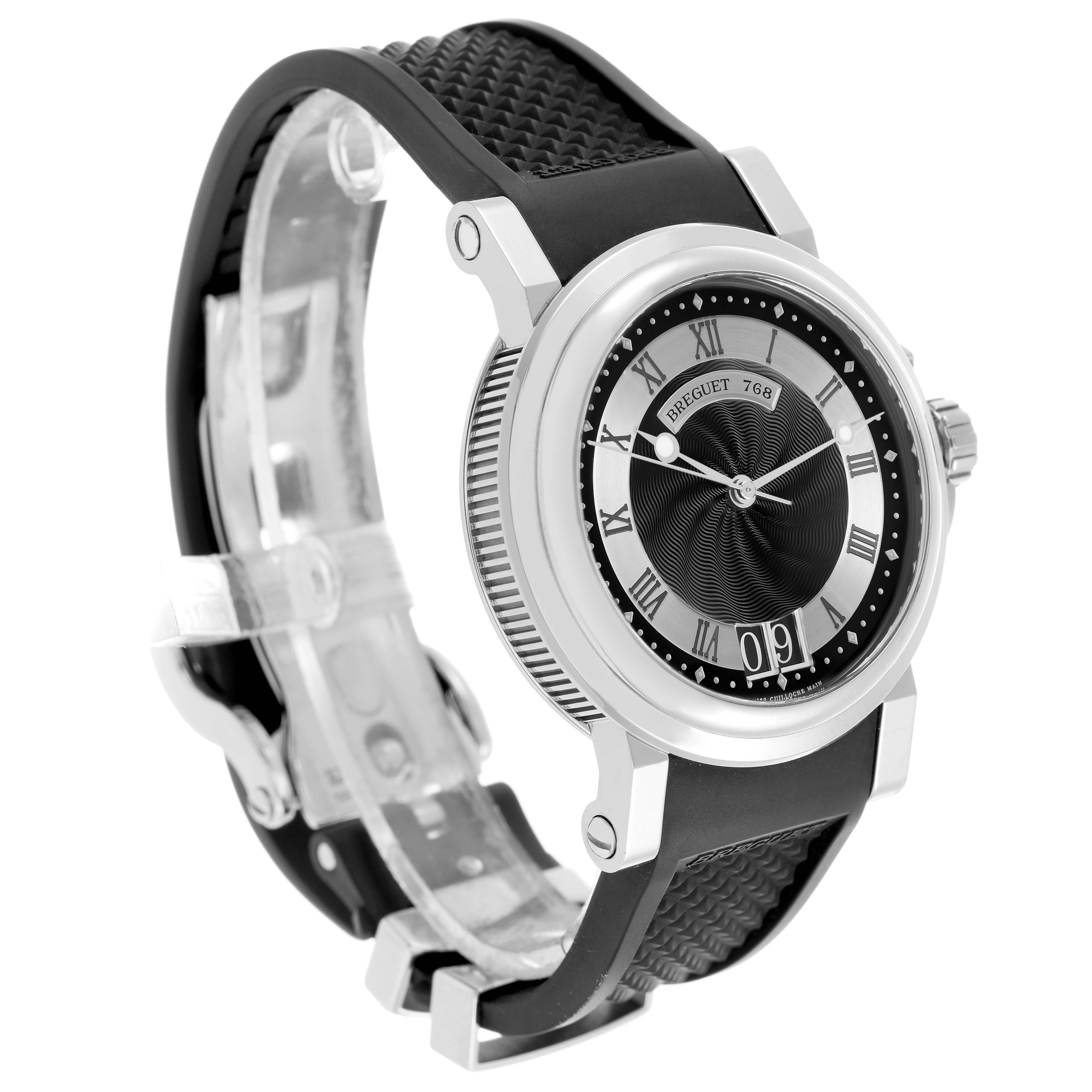 The Breguet Marine 5817ST/12/SVO Men's Stainless Steel Black Dial watch is shown at a three-quarter angle, highlighting the dial, bezel, and rubber strap.
