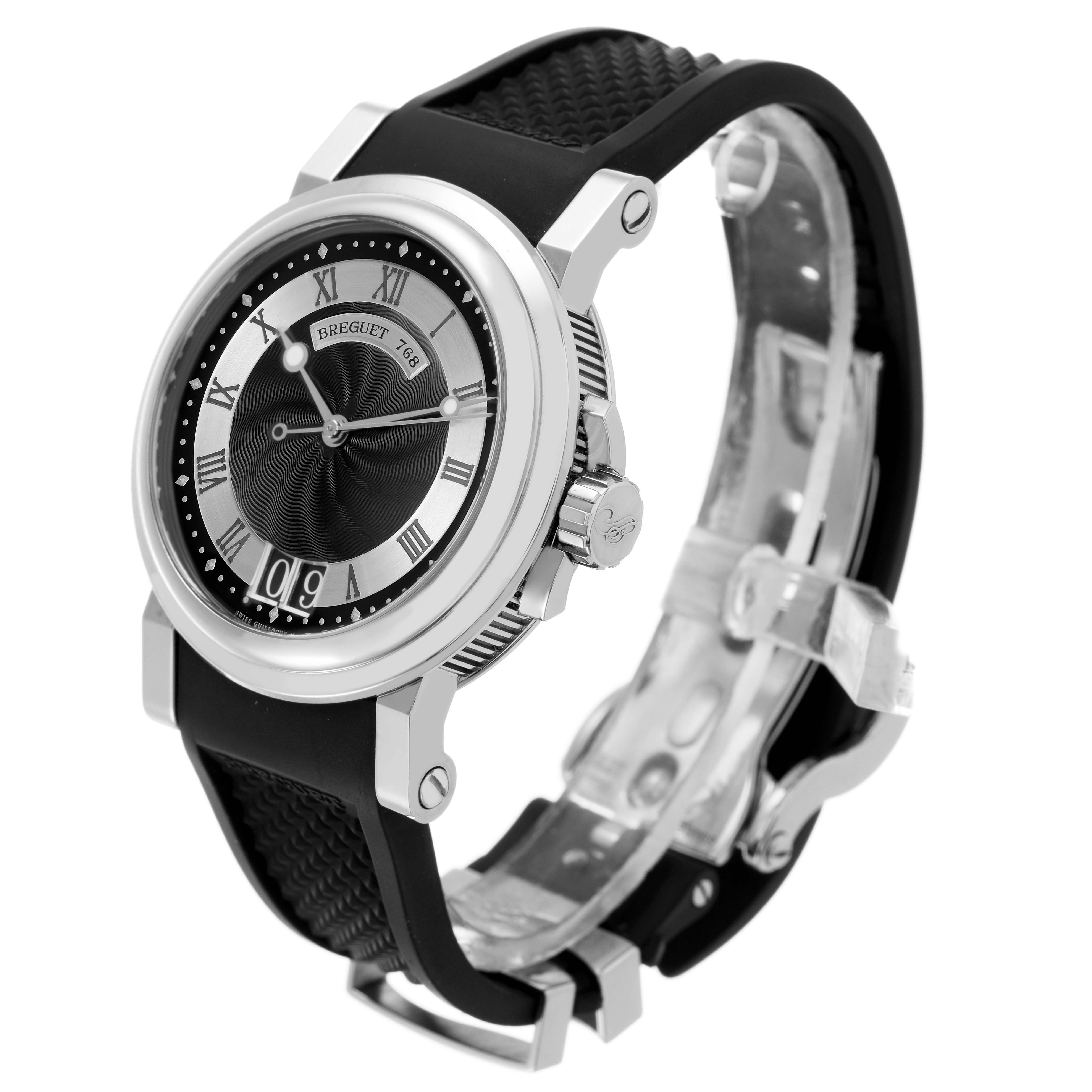 The Breguet Marine 5817ST/12/SVO Men's Stainless Steel Black Dial watch is shown from a front-side angle, displaying the face, case, and black strap with the clasp.