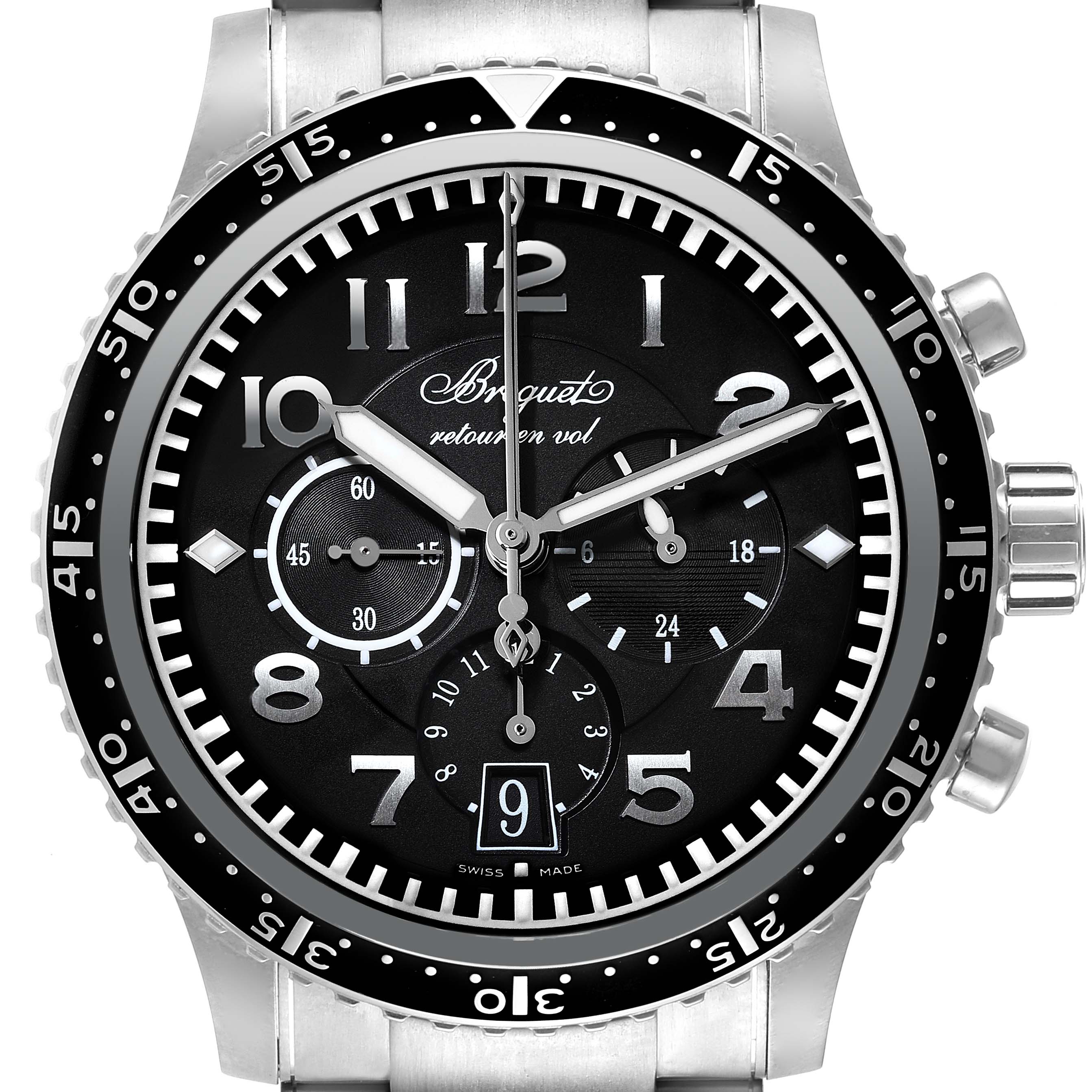 This image shows the face and bezel of a Breguet Type XX - XXI - XXII 3810T Men's Titanium Black Dial 3810T Men's Titanium Black Dial watch from a front angle.