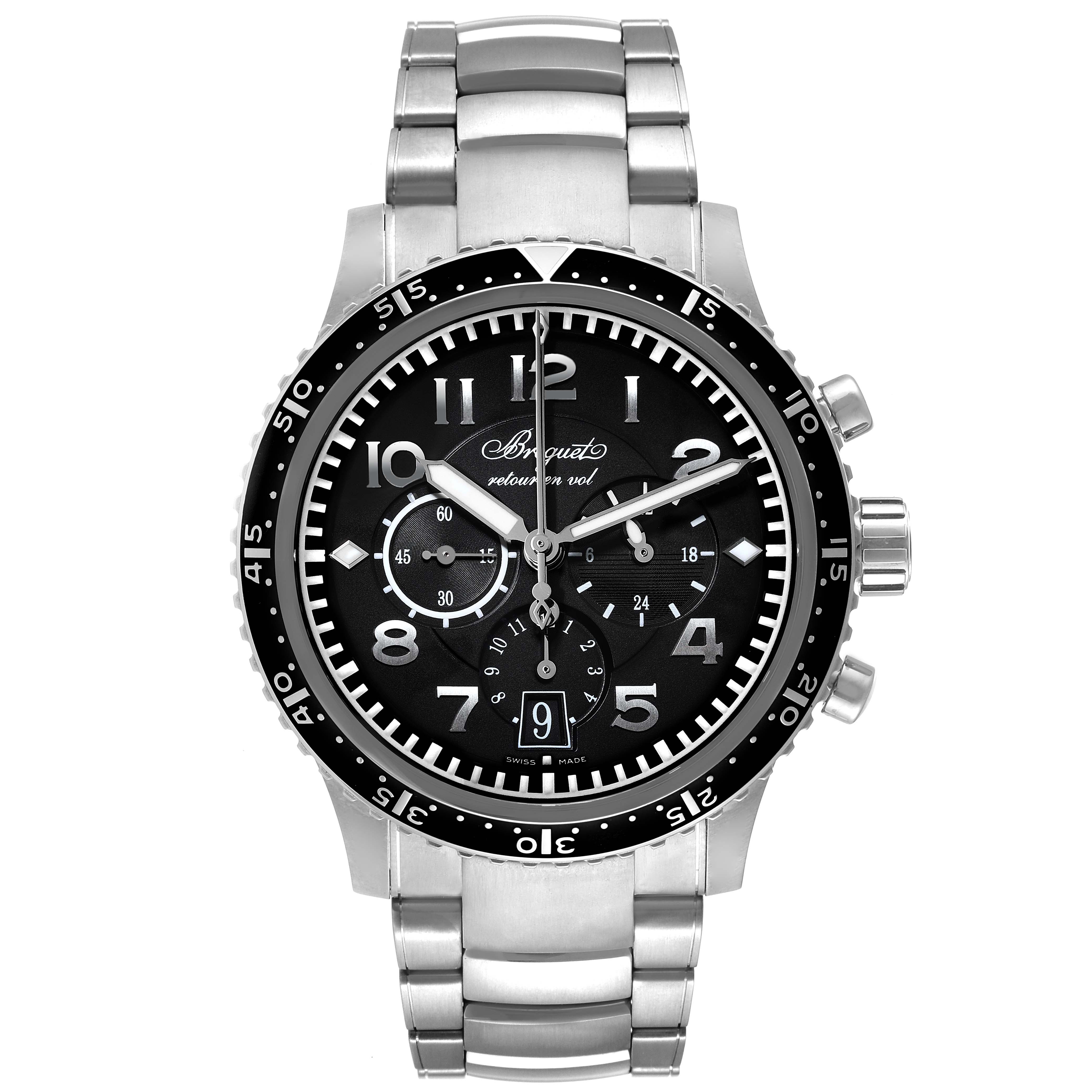 The image shows a front view of a Breguet Type XX - XXI - XXII 3810T Men's Titanium Black Dial 3810T Men's Titanium Black Dial model watch with a stainless steel band and black dial.