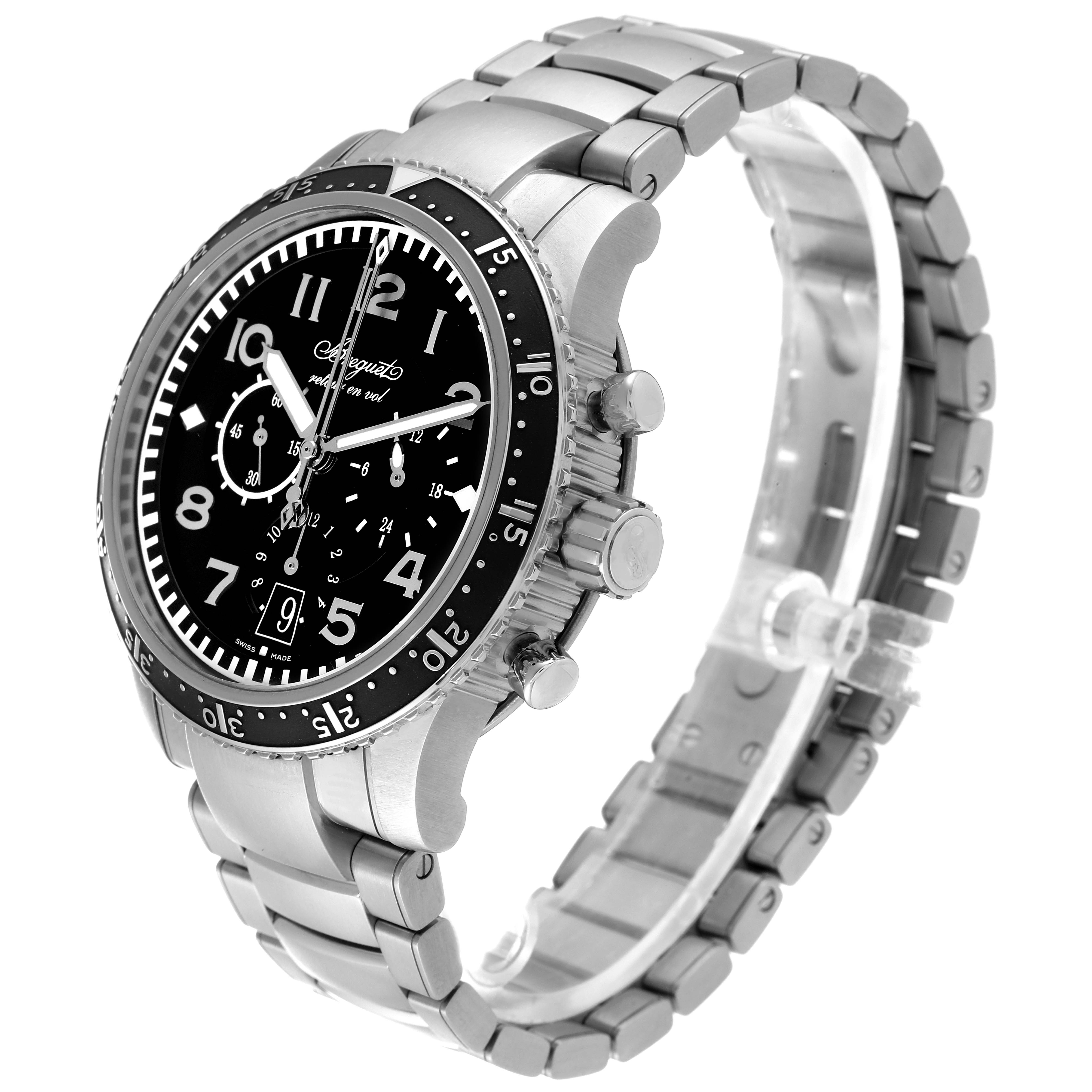 The image shows a Breguet Type XX - XXI - XXII 3810T Men's Titanium Black Dial 3810T Men's Titanium Black Dial watch at a 3/4 angle, highlighting the dial, bezel, bracelet, and pushers.