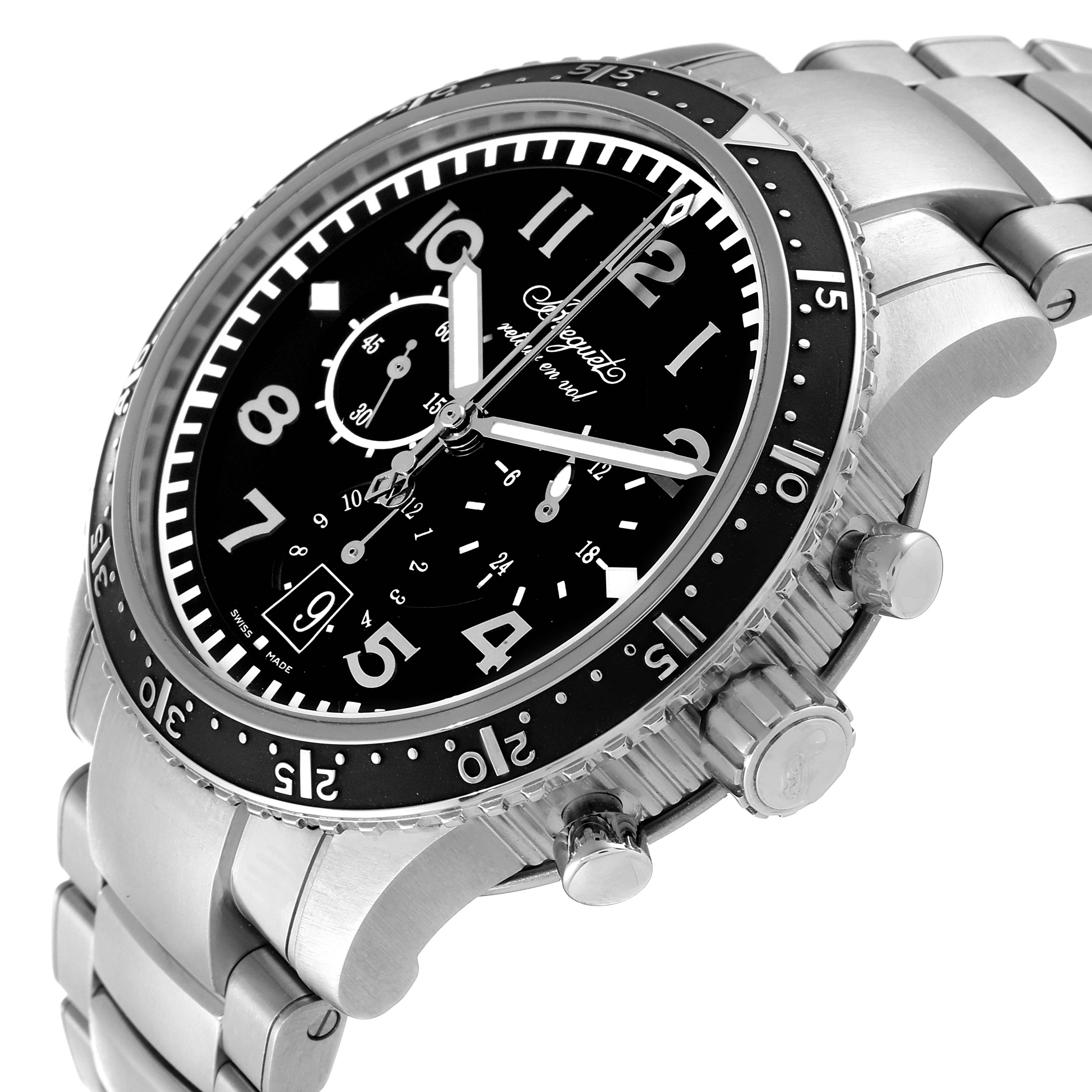 The Breguet Type XX - XXI - XXII 3810T Men's Titanium Black Dial 3810T Men's Titanium Black Dial watch is shown at an angled view highlighting its face, bezel, crown, and chronograph buttons.