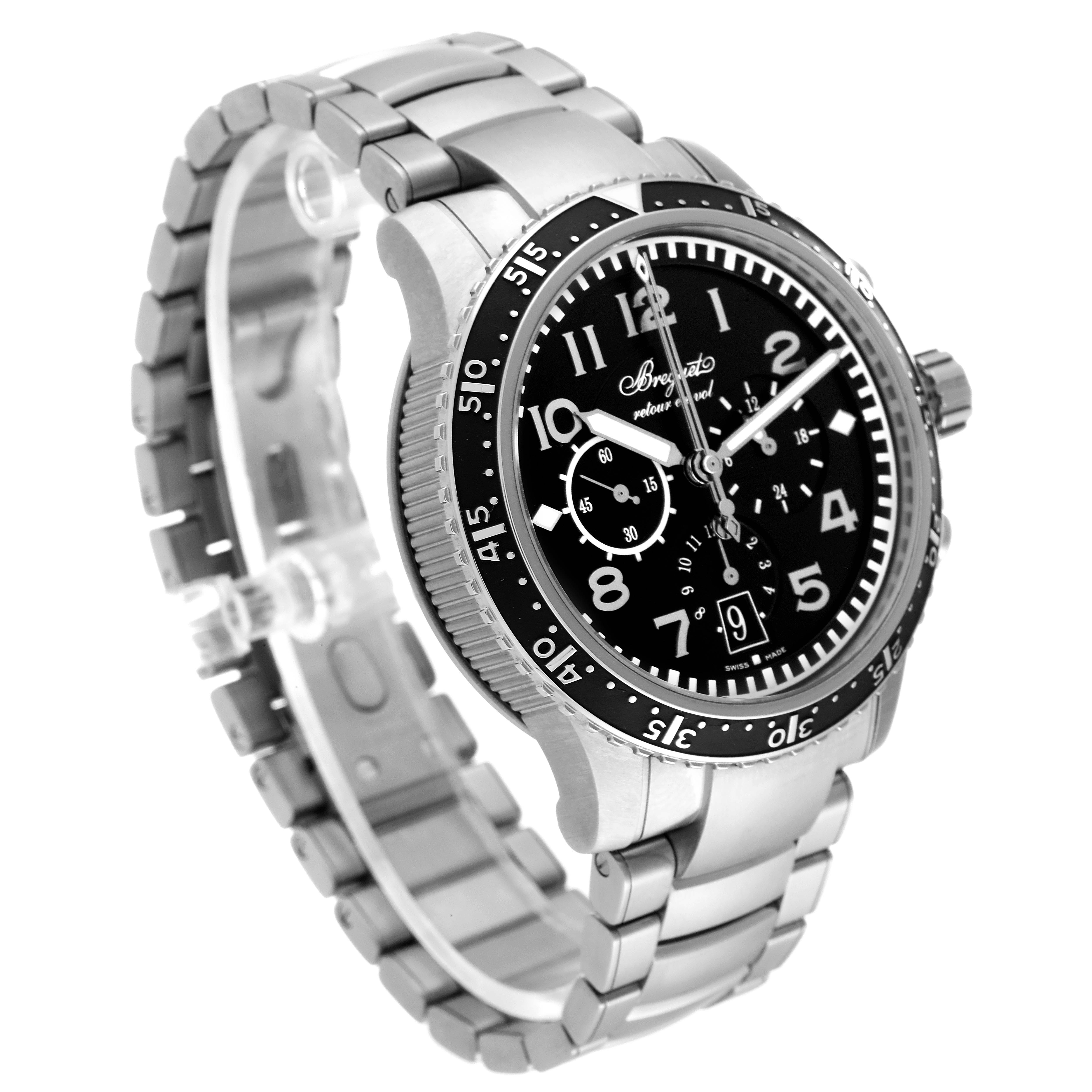 This Breguet Type XX - XXI - XXII 3810T Men's Titanium Black Dial 3810T Men's Titanium Black Dial watch is shown at an angle showcasing the face, bezel, and stainless steel bracelet.